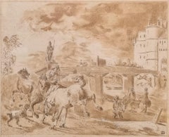 LE PAON Acuarela lavis tinta Escena militar castillo puente francés XVIII