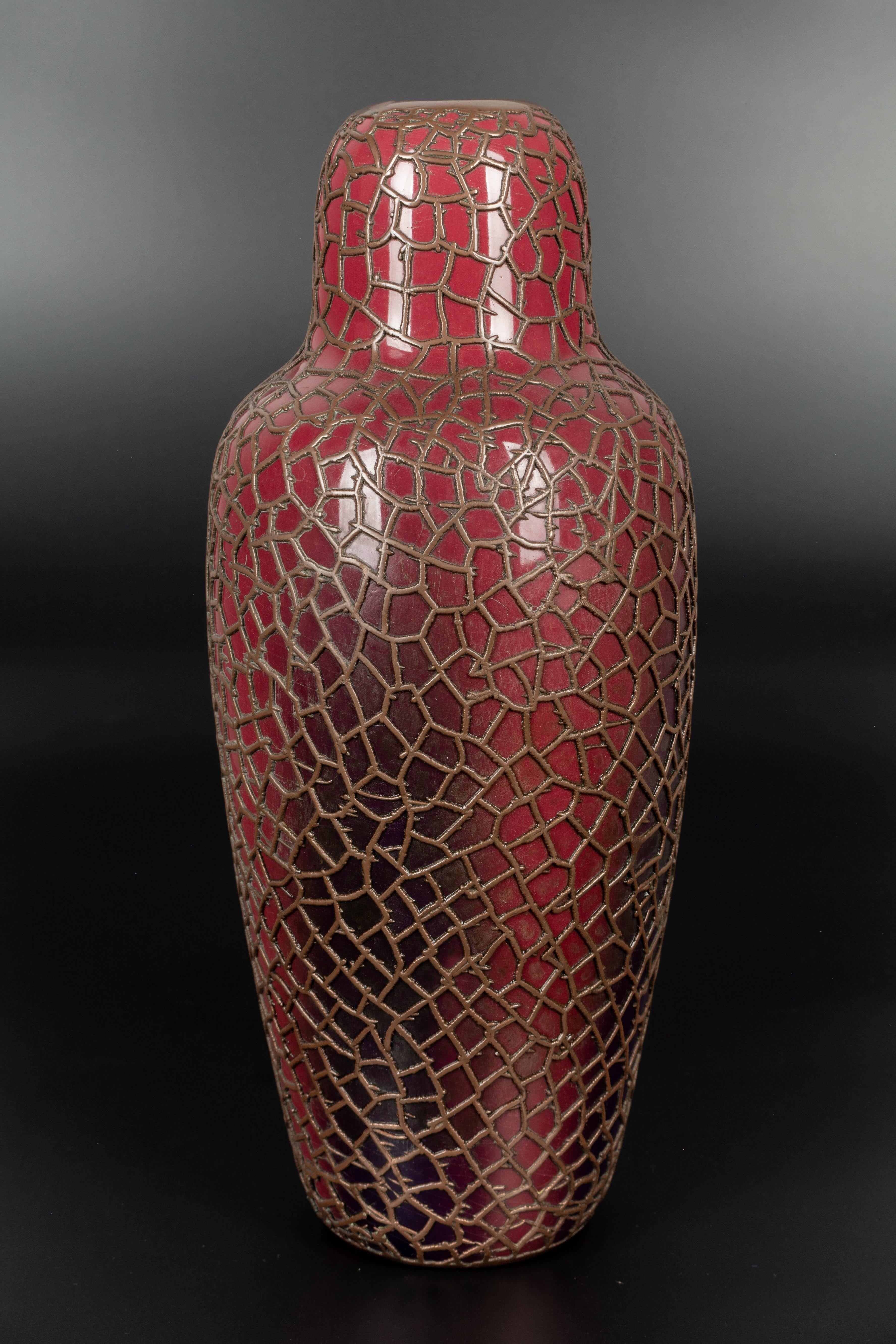Hand-Crafted French Ceramic & Bronze Vase by Jean Baptiste Massier  For Sale