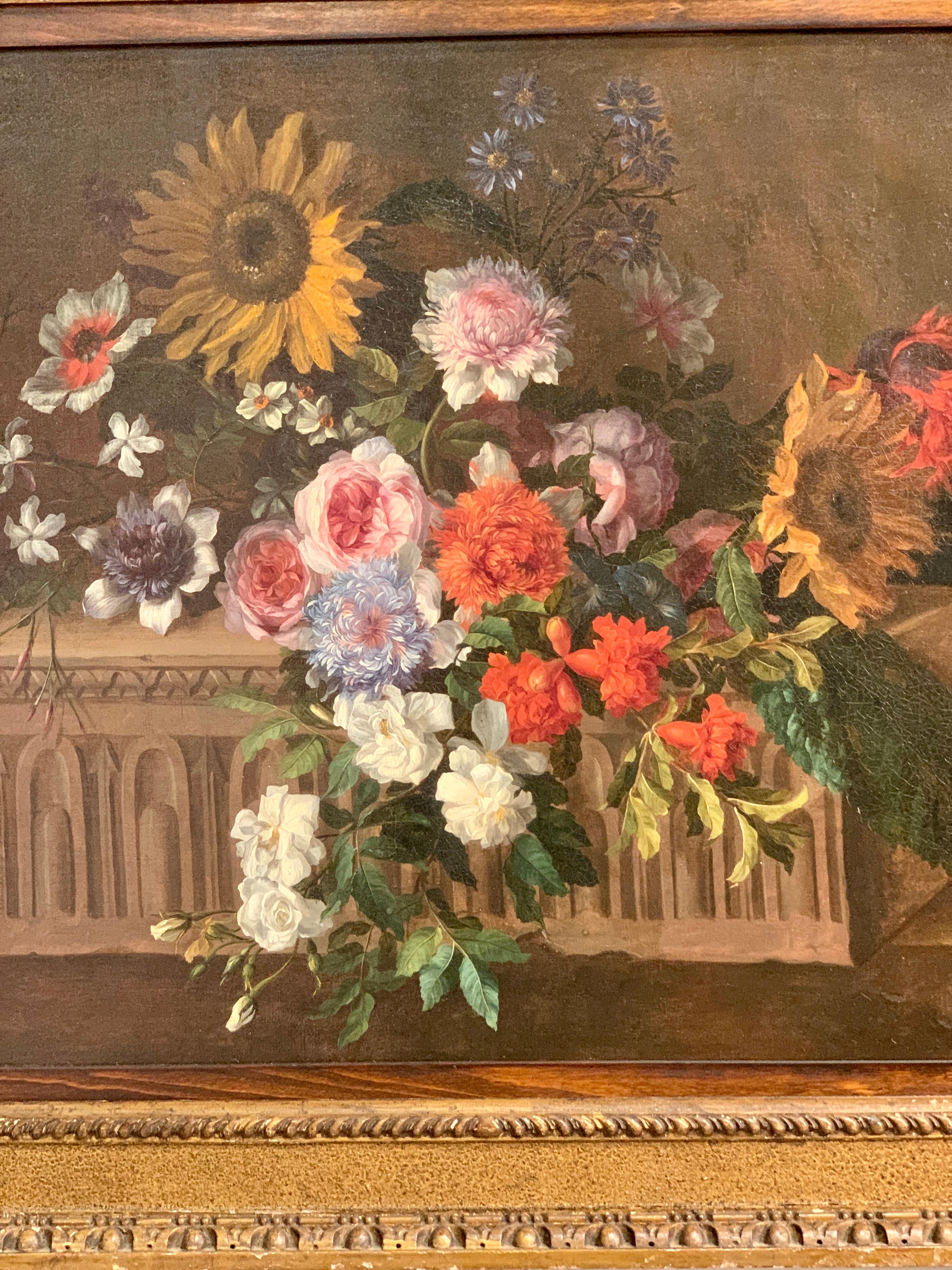 17th century French still life of Sunflowers, Roses, Peonies , Aster - Painting by Jean Baptiste Monnoyer