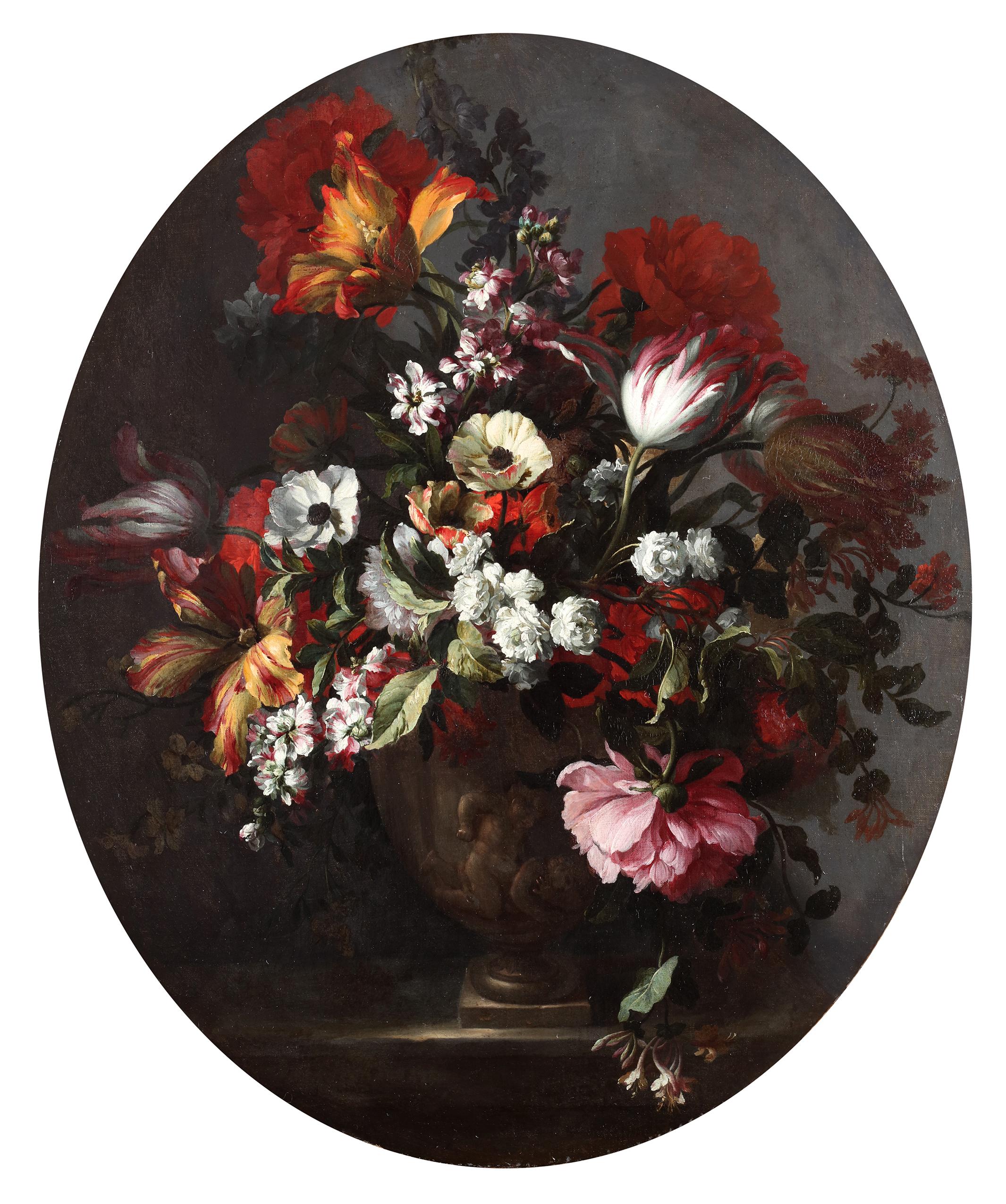 Oil on panel

We'd like to thank Dr. Fred Meijer for his attribution.

Jean-Baptiste Monnoyer (often referred to as ‘Baptist’ or ‘Old Baptist’) was the most influential flower painter of his generation, specializing in decorative compositions