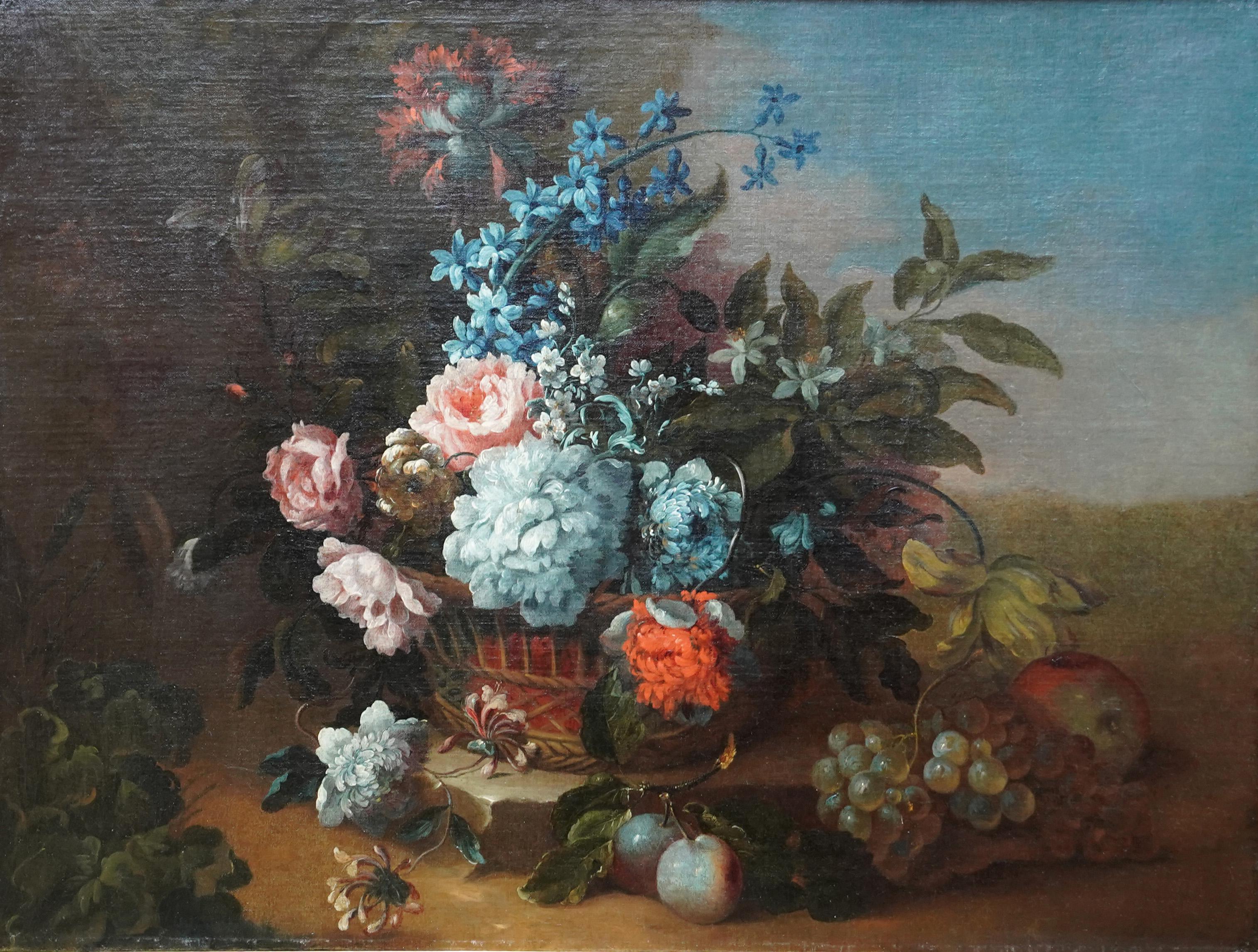 Floral Still Life in Basket - Franco Flemish art Old Master flower oil painting - Painting by Jean Baptiste Monnoyer (circle)