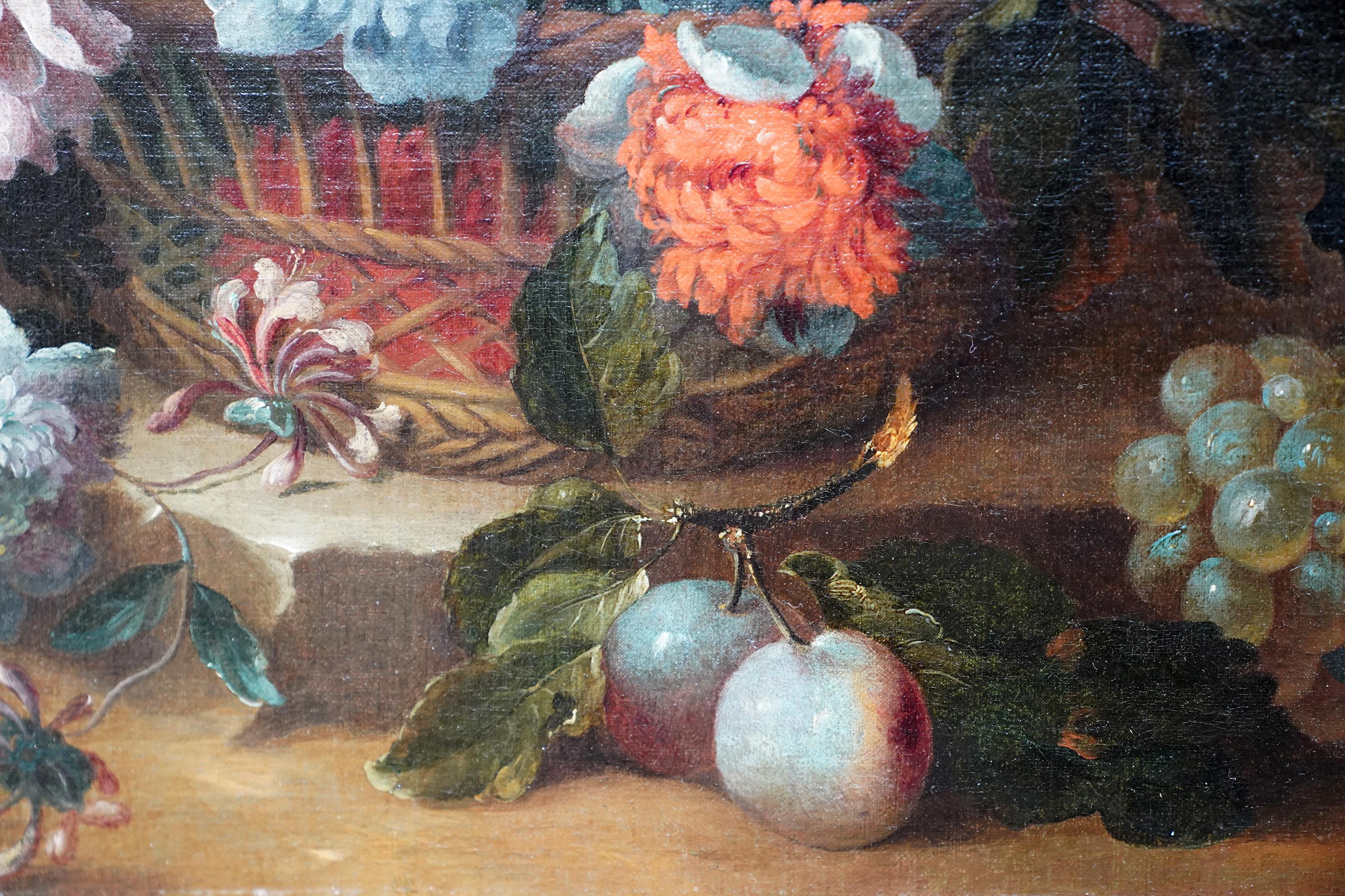 Floral Still Life in Basket - Franco Flemish art Old Master flower oil painting - Old Masters Painting by Jean Baptiste Monnoyer (circle)