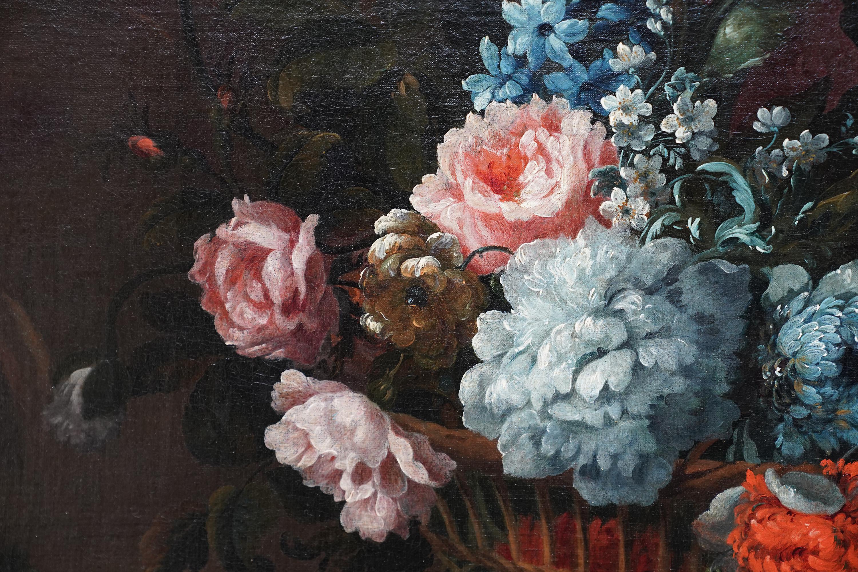This lovely 17th century Old Master floral oil painting is attributed to the circle of noted Franco Flemish artist Jean-Baptiste Monnoyer. Painted circa 1670 it is a still life of a basket of tulips, roses, orange blossom, a poppy, hyacinths and