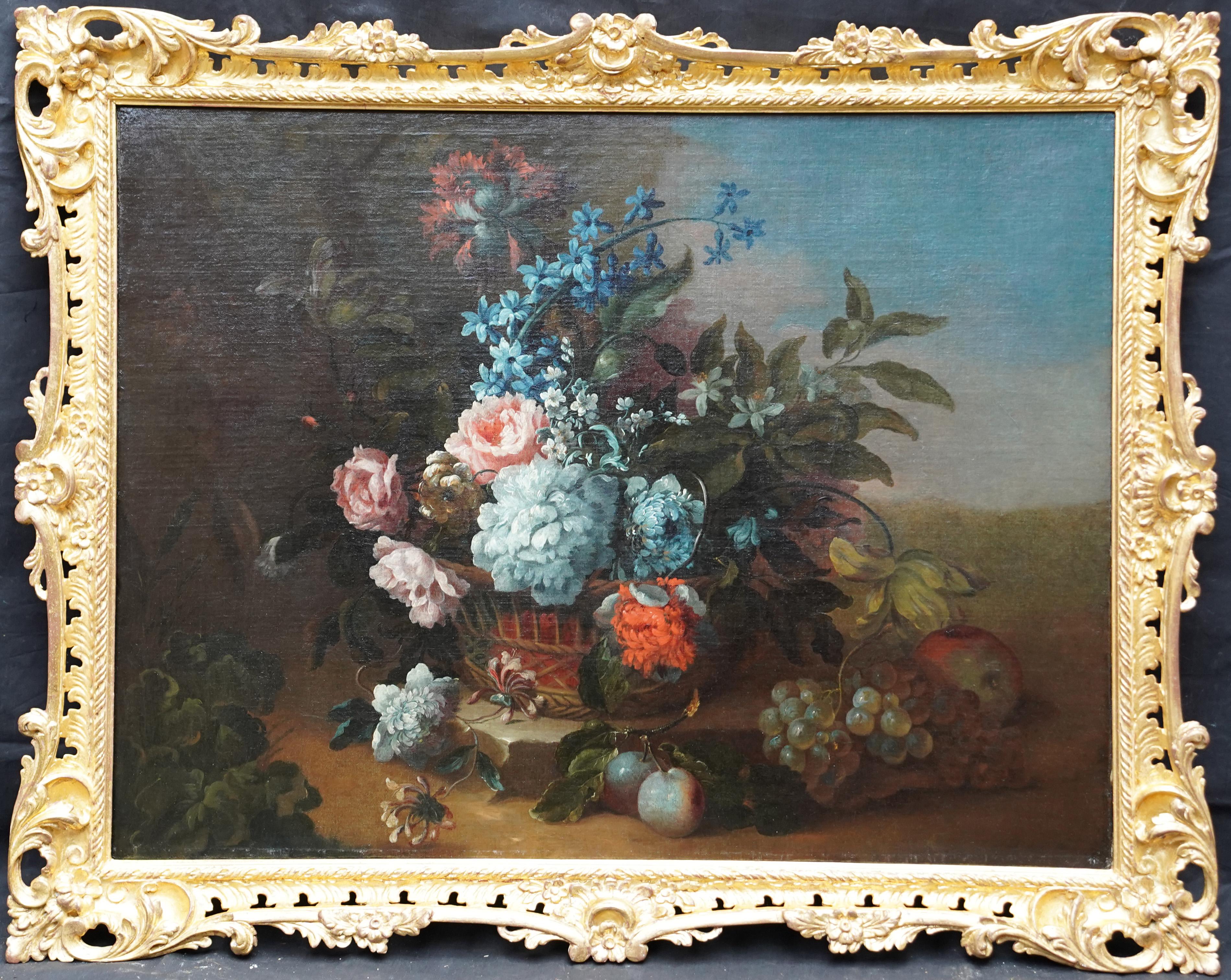 Jean Baptiste Monnoyer (circle) Still-Life Painting - Floral Still Life in Basket - Franco Flemish art Old Master flower oil painting