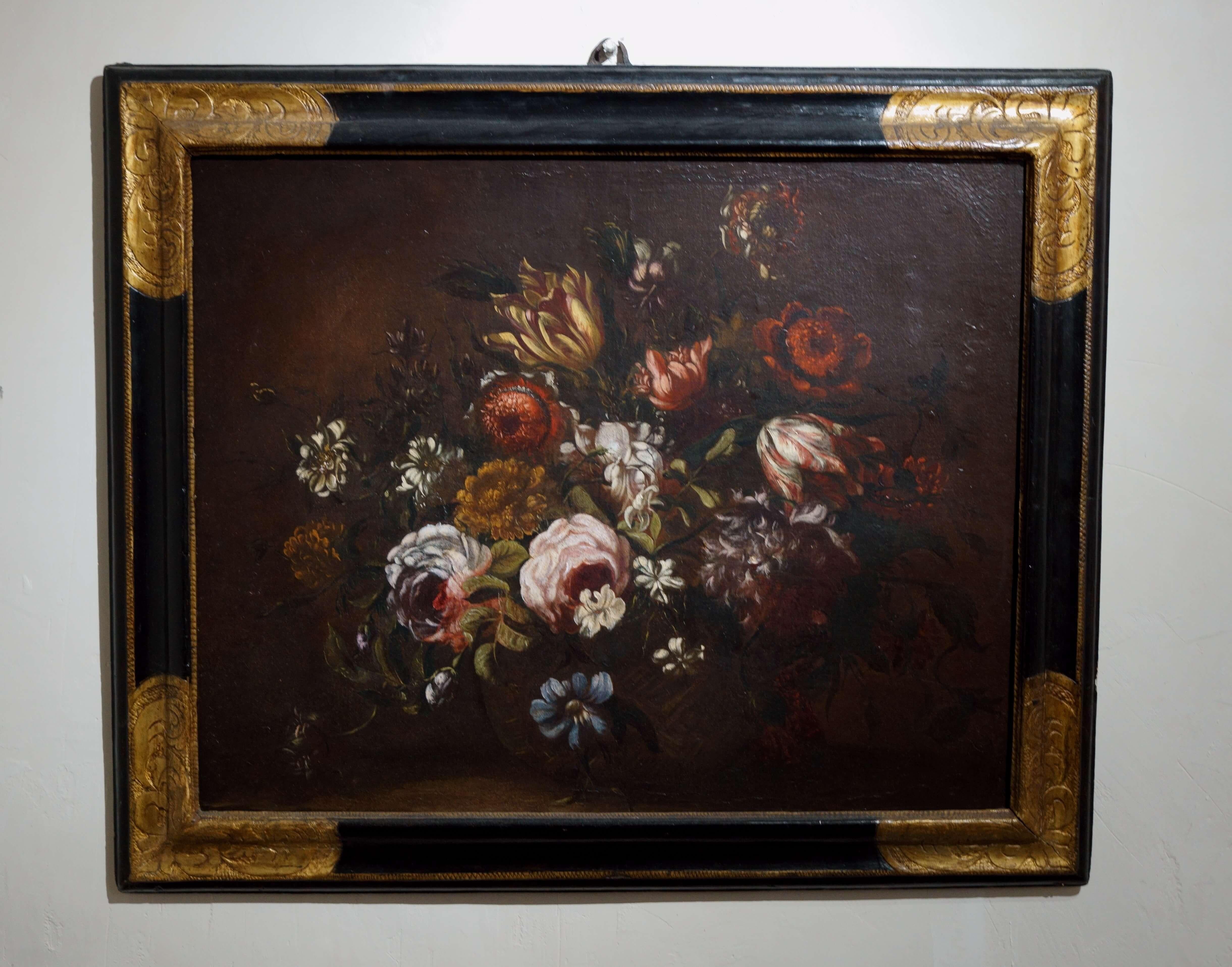 17th Century Basket of Flowers on a Table Still Life Oil on Canvas - Painting by Jean-Baptiste Monnoyer