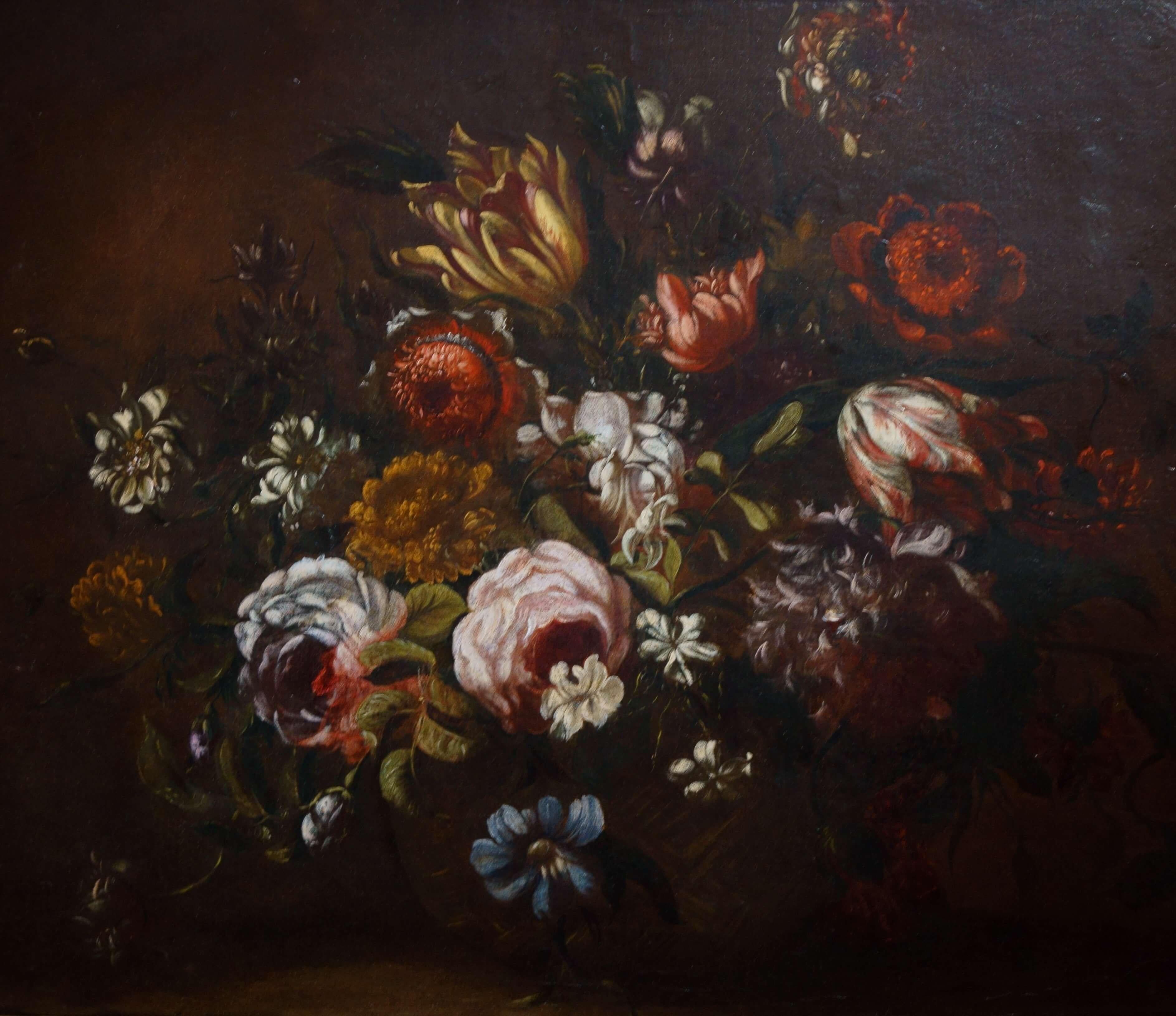 17th Century Basket of Flowers on a Table Still Life Oil on Canvas 1