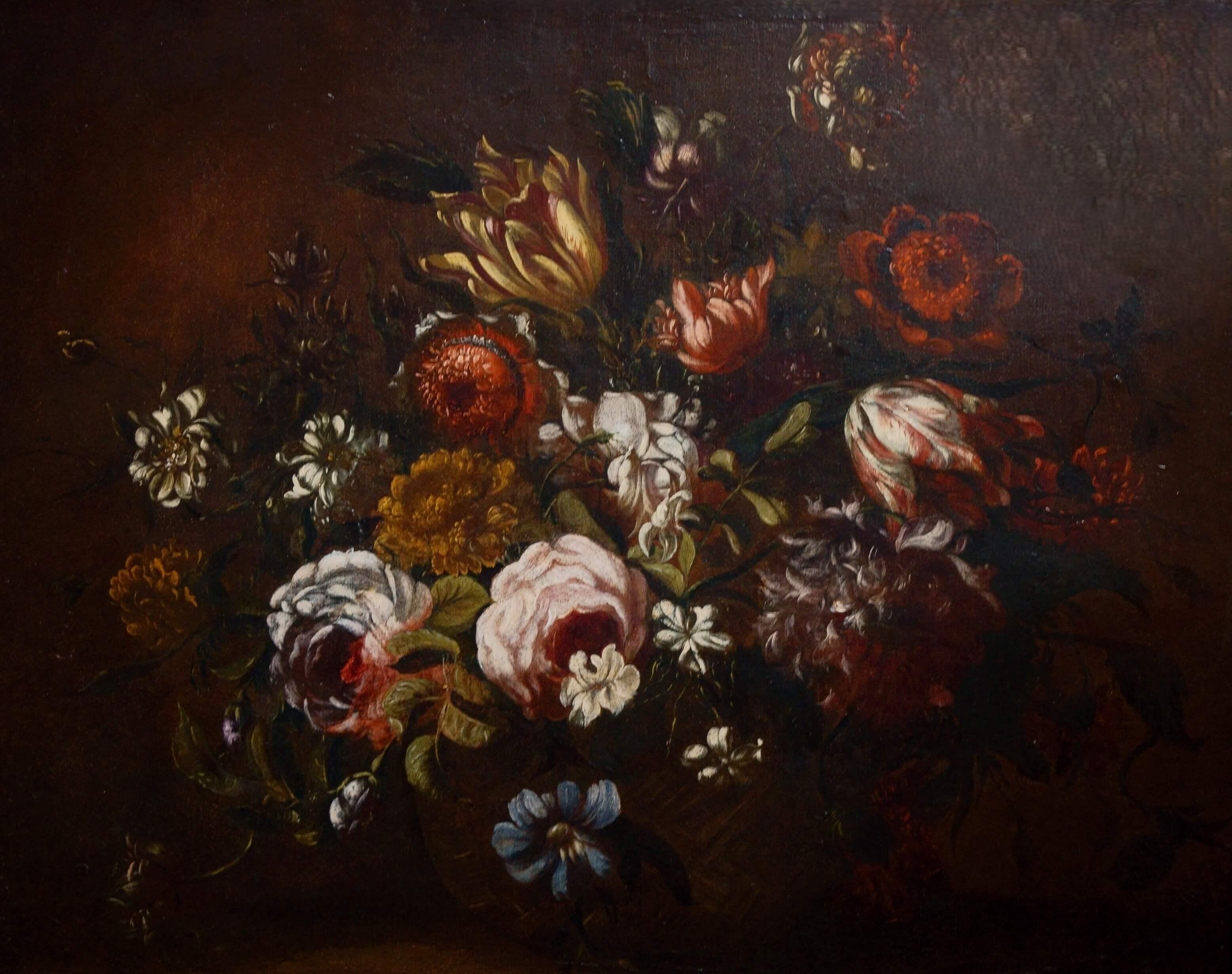 17th Century Basket of Flowers on a Table Still Life Oil on Canvas 2