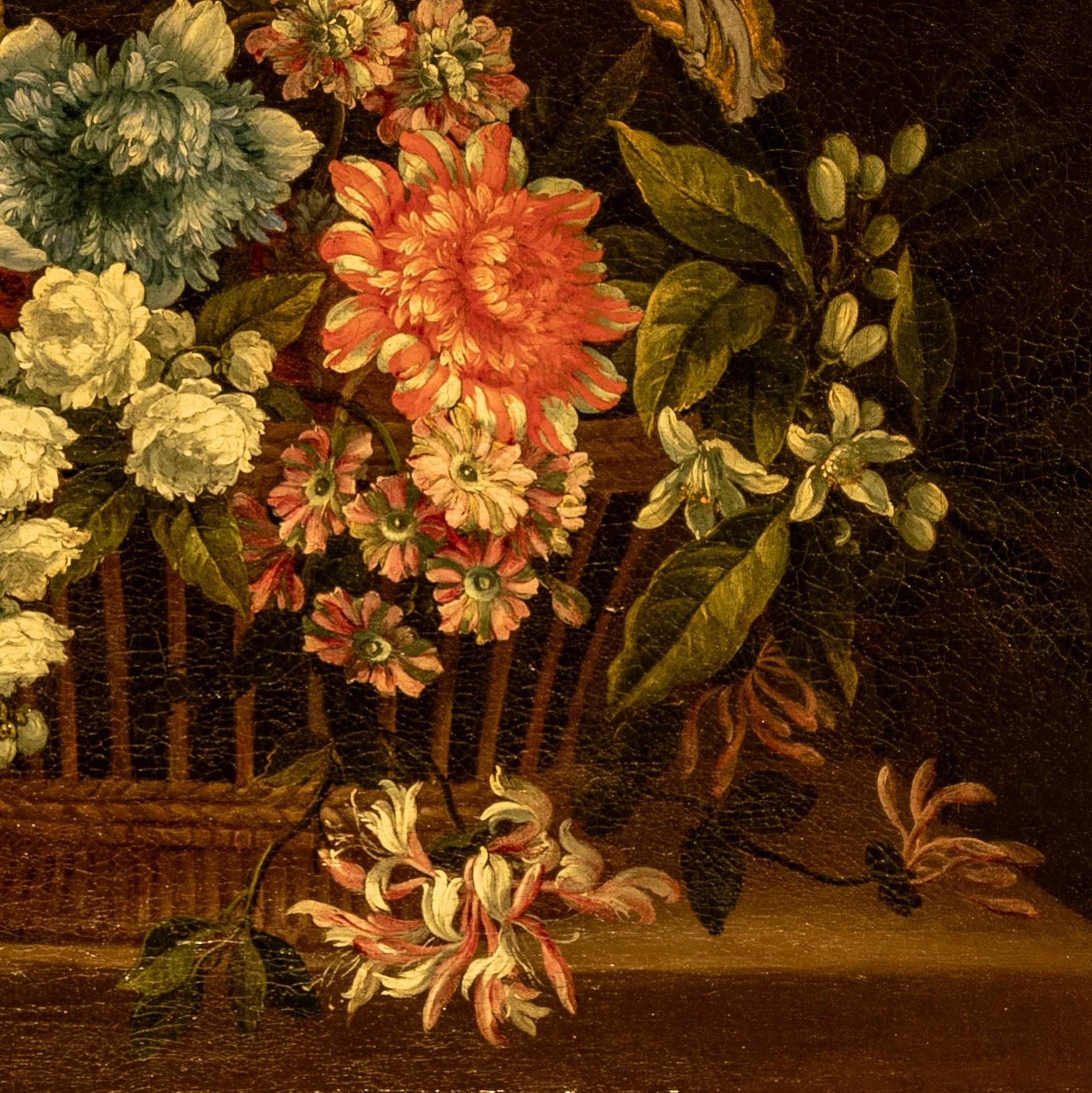 Fleurs dans un panier - Huile originale, nature morte, peintre français, franco-français - Baroque Art par Jean-Baptiste Monnoyer