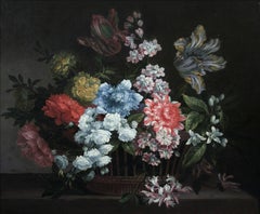 Flores en una cesta - Óleo original, bodegón, pintor francés, franco-flamenco