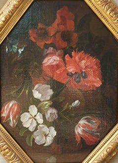 French 18th century MONNOYER Flowers Oil canvas octogonal tulips decorative