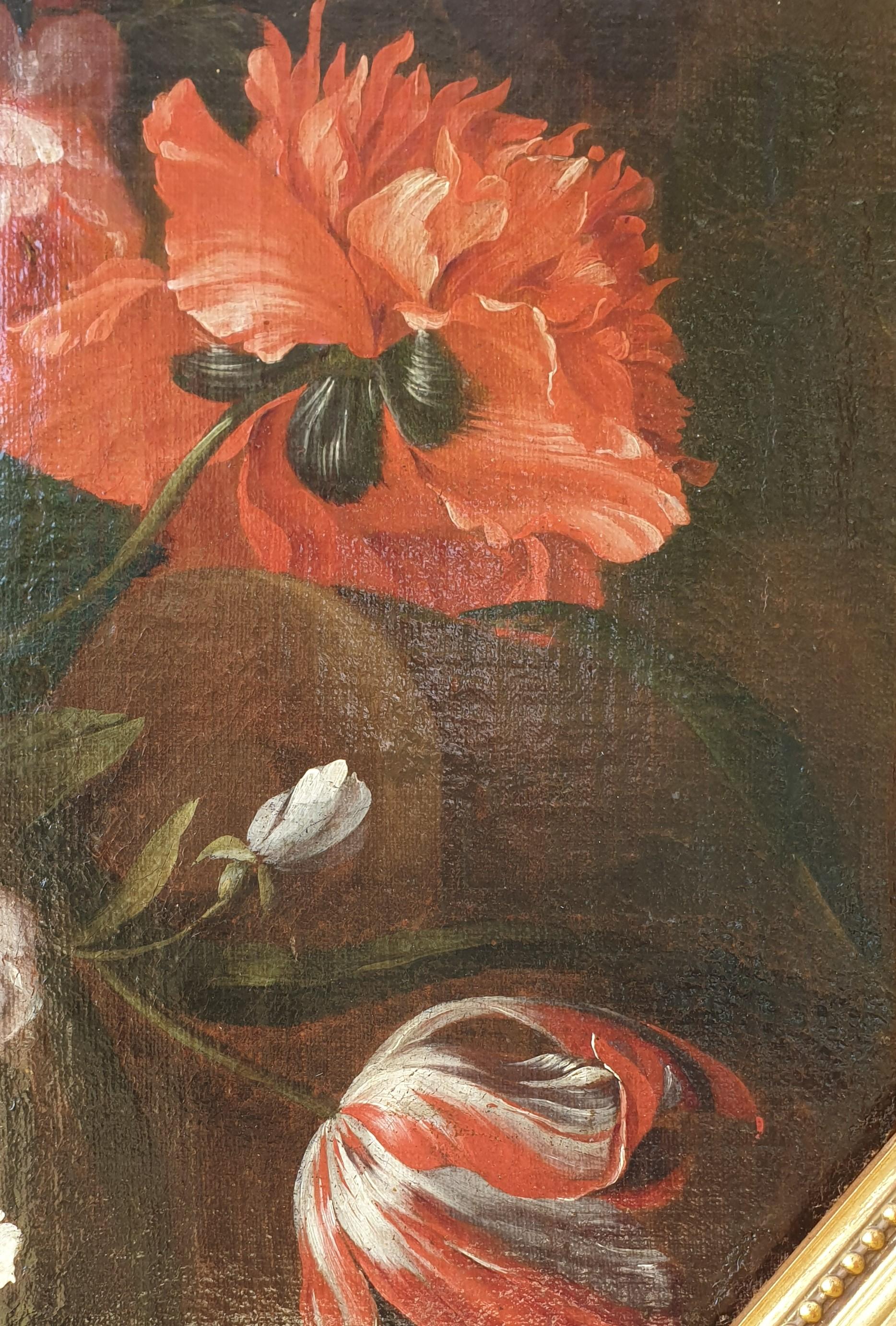 French 18th century MONNOYER Flowers Oil canvas octogonal tulips decorative - Brown Still-Life Painting by Jean-Baptiste Monnoyer