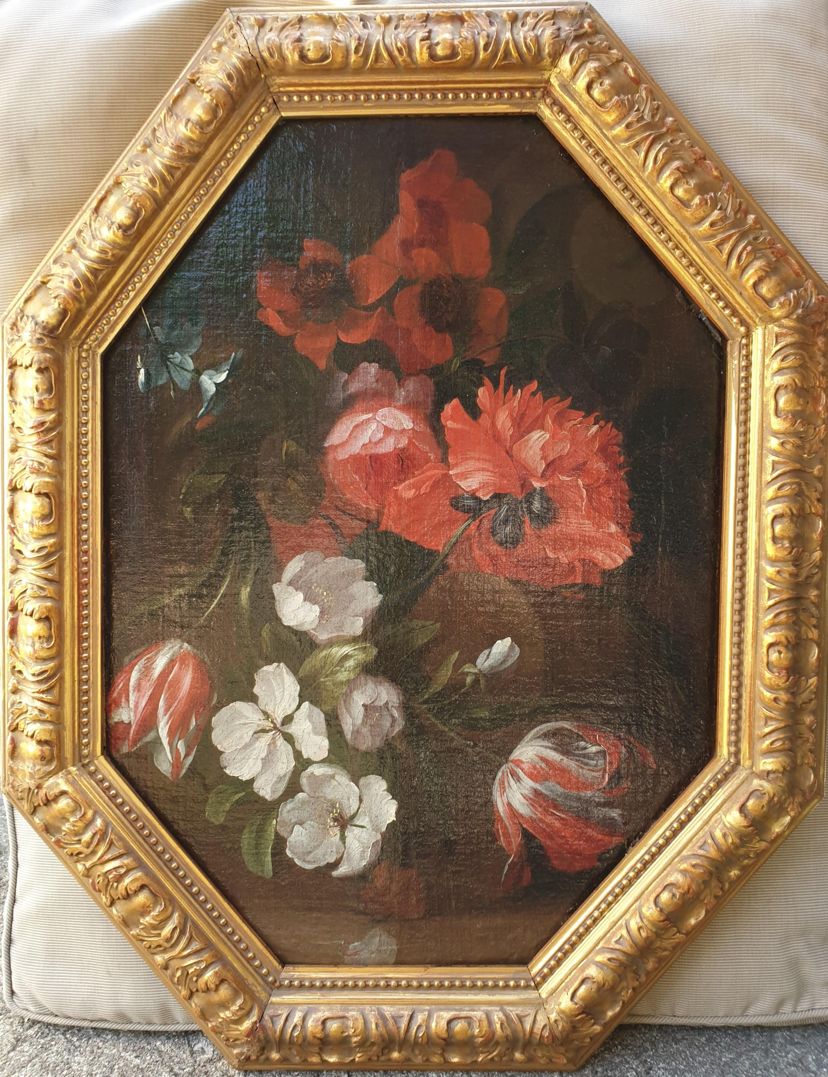 Jean-Baptiste Monnoyer Still-Life Painting - French 18th century MONNOYER Flowers Oil canvas octogonal tulips decorative