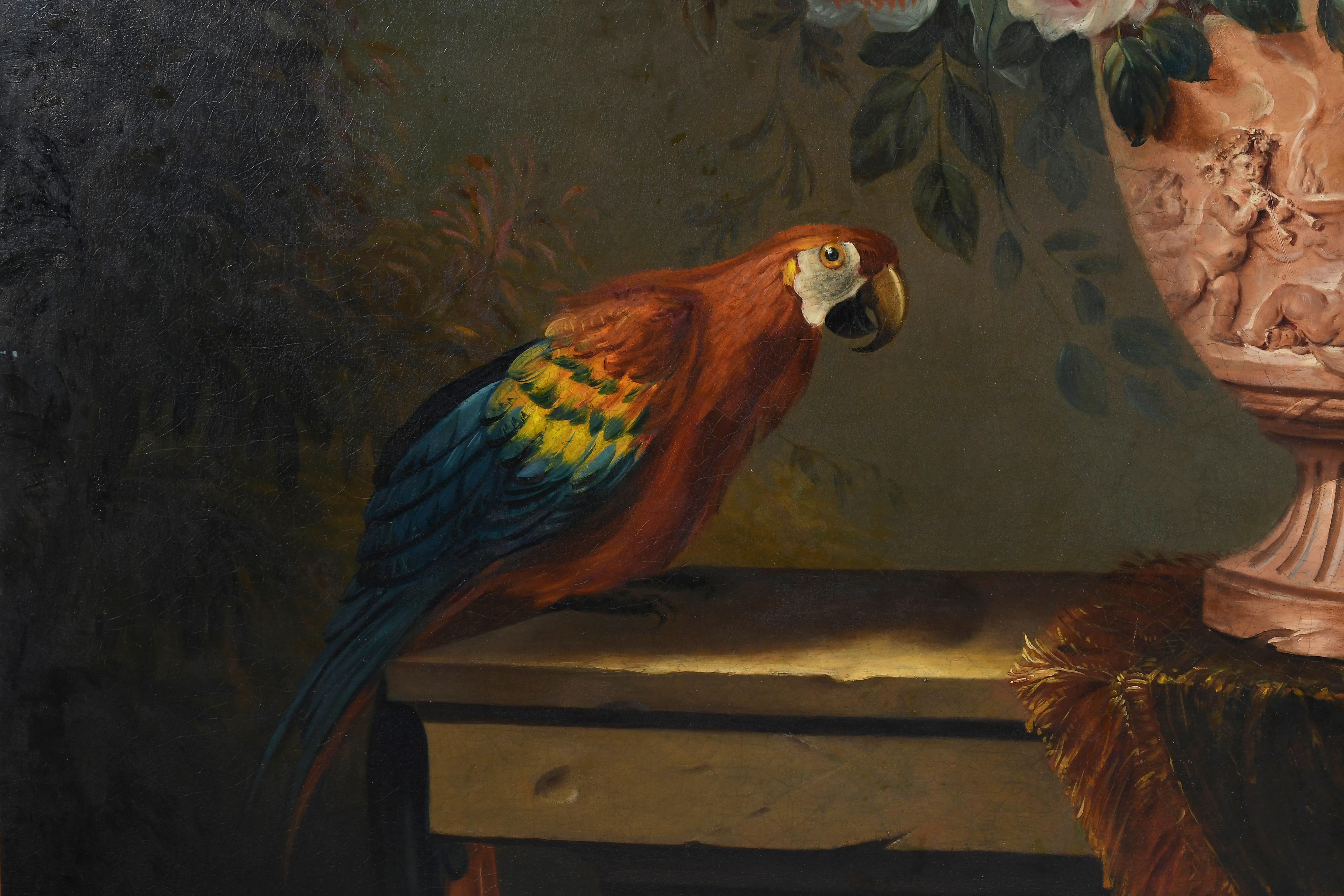 Opulent Still Life with Flowers, Fruit, Ornate Vase & Exotic Parrot on a Ledge - Baroque Painting by Jean-Baptiste Monnoyer