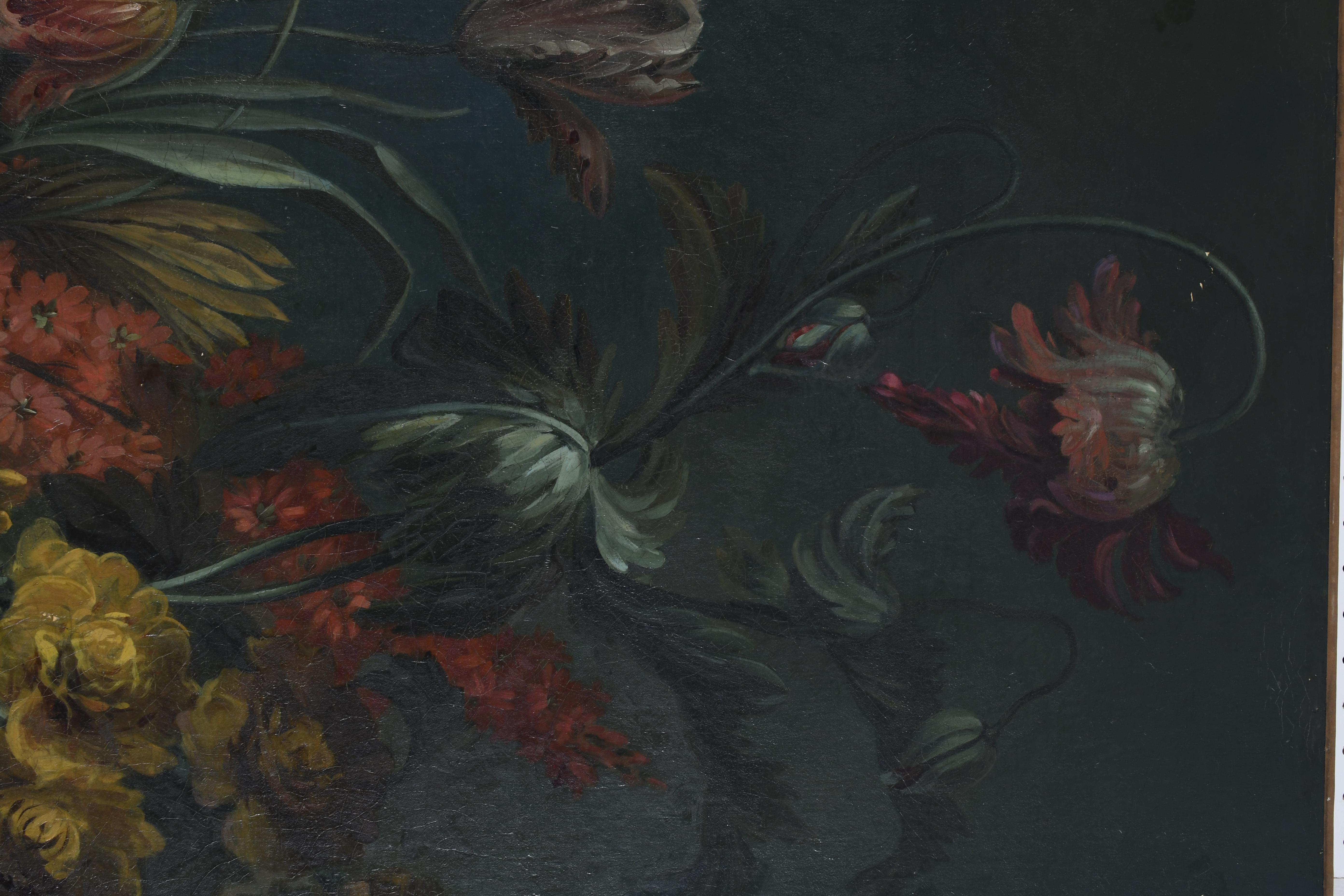 Opulent Still Life with Flowers, Fruit, Ornate Vase & Exotic Parrot on a Ledge For Sale 1