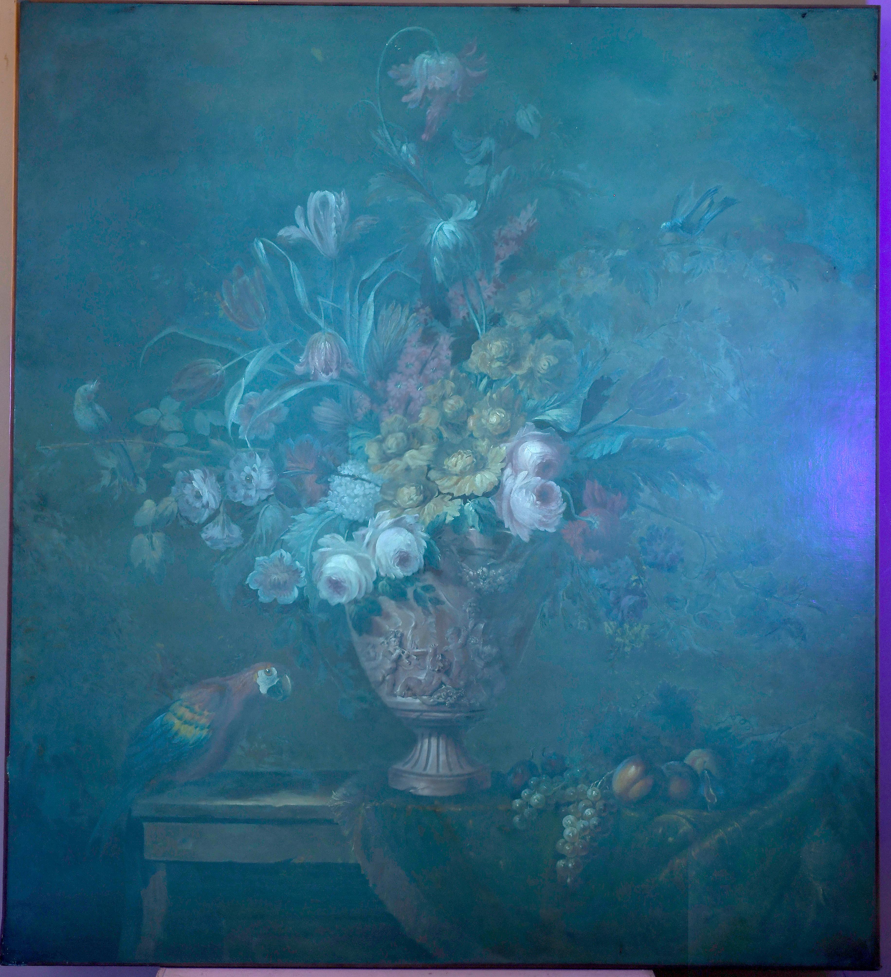 Opulent Still Life with Flowers, Fruit, Ornate Vase & Exotic Parrot on a Ledge For Sale 2