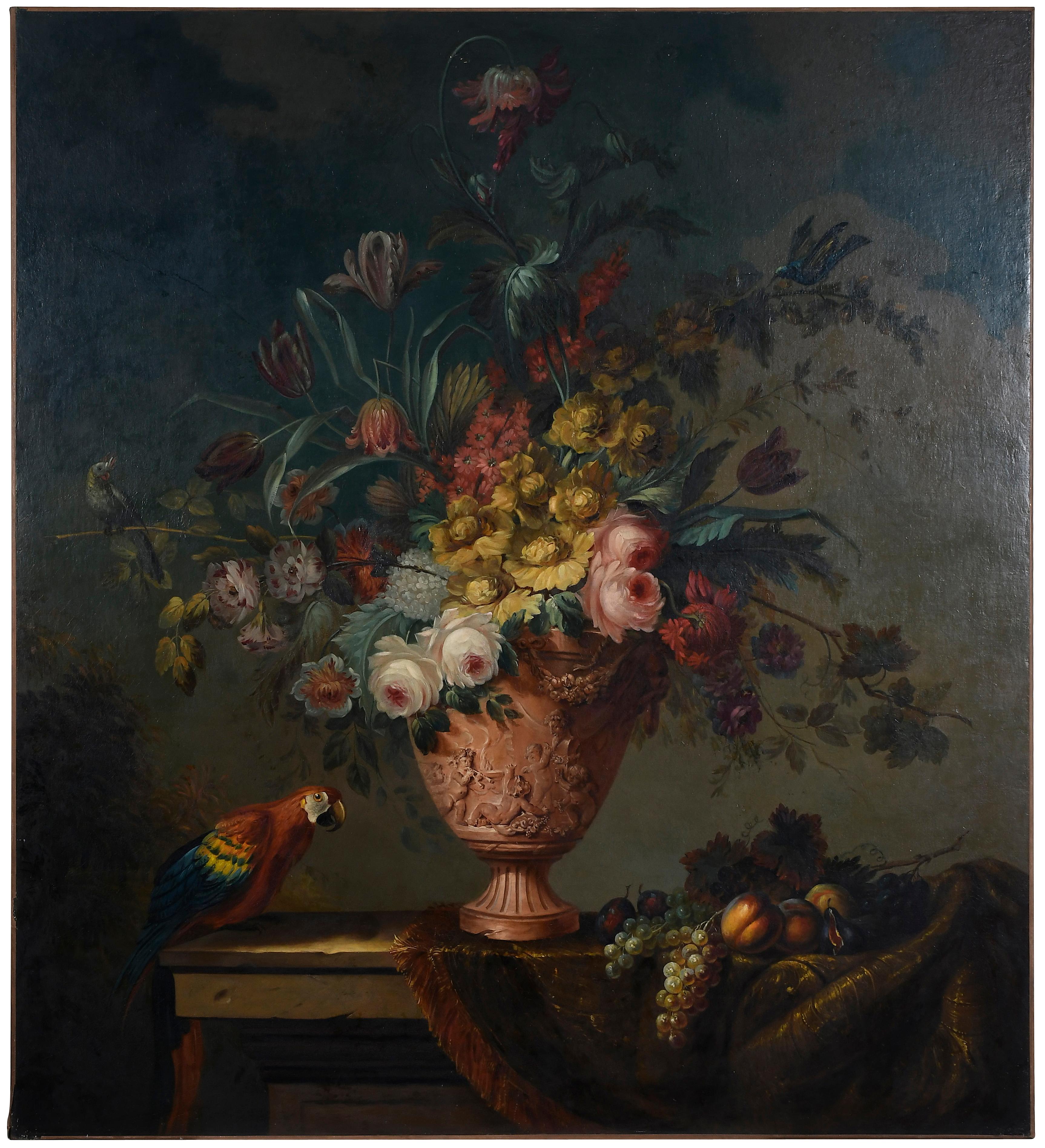 Jean-Baptiste Monnoyer Still-Life Painting - Opulent Still Life with Flowers, Fruit, Ornate Vase & Exotic Parrot on a Ledge