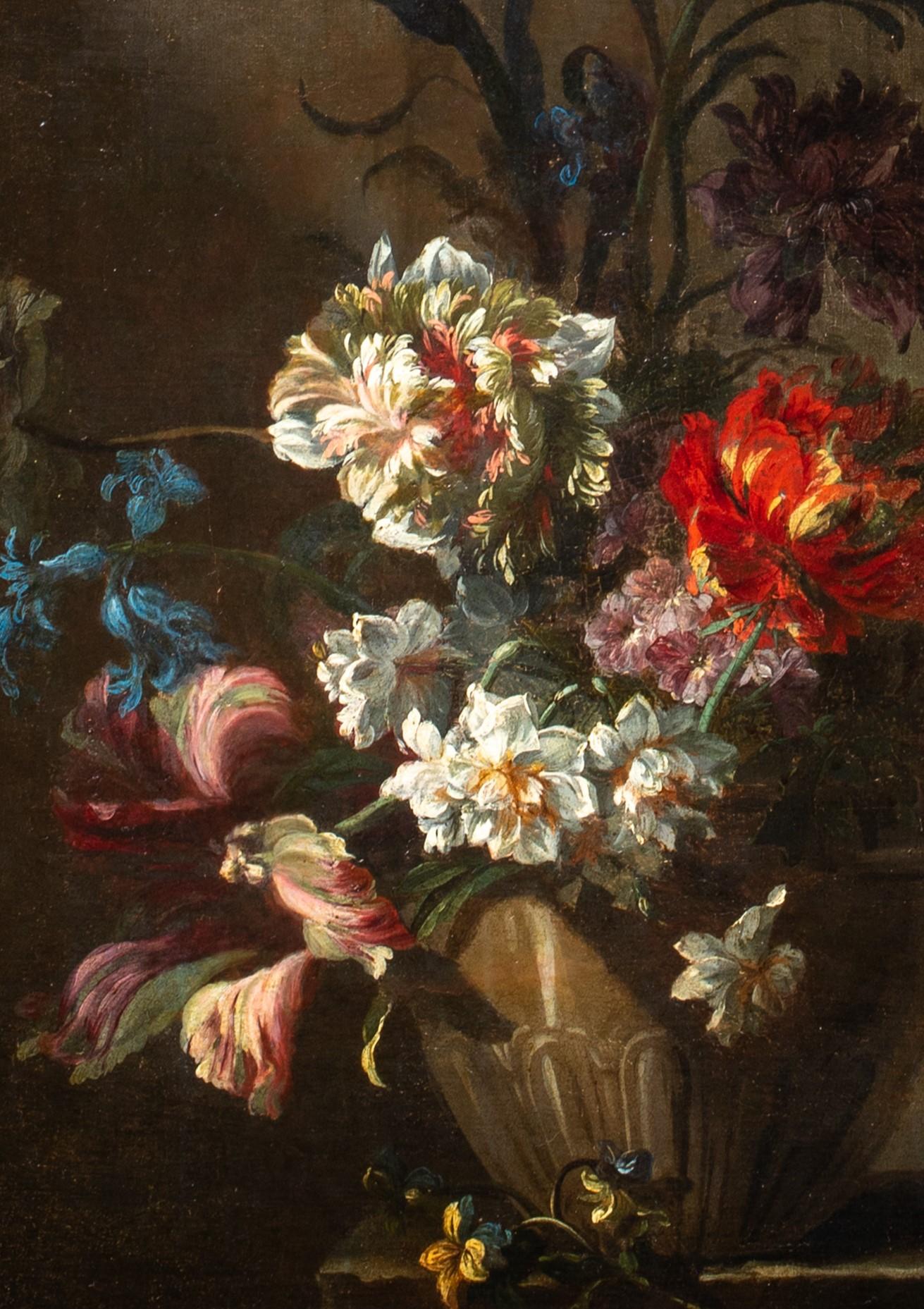 Still Life Of Flowers In A Vase, 17th Century 

circle of  JEAN BAPTISTE MONNOYER (1636-1699)

Large 17th century French Old Master Still Life of various flowers in a vase upon a mantle, oil on canvas by Jean Baptiste Monnoyer. Excellent quality and
