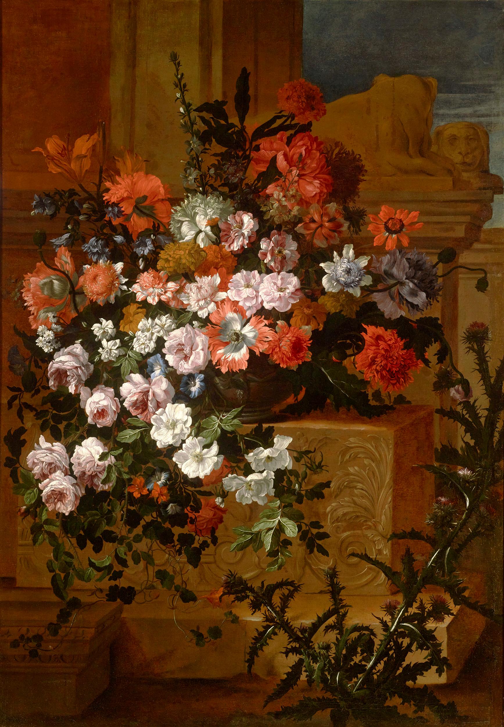 Jean-Baptiste Monnoyer
1636-1699  French

Still Life with Flowers on a Carved Stone Ledge

Oil on canvas

Impeccable detail and luminous color breathe life into this floral still life by the French artist Jean-Baptiste Monnoyer. Trained in Antwerp,