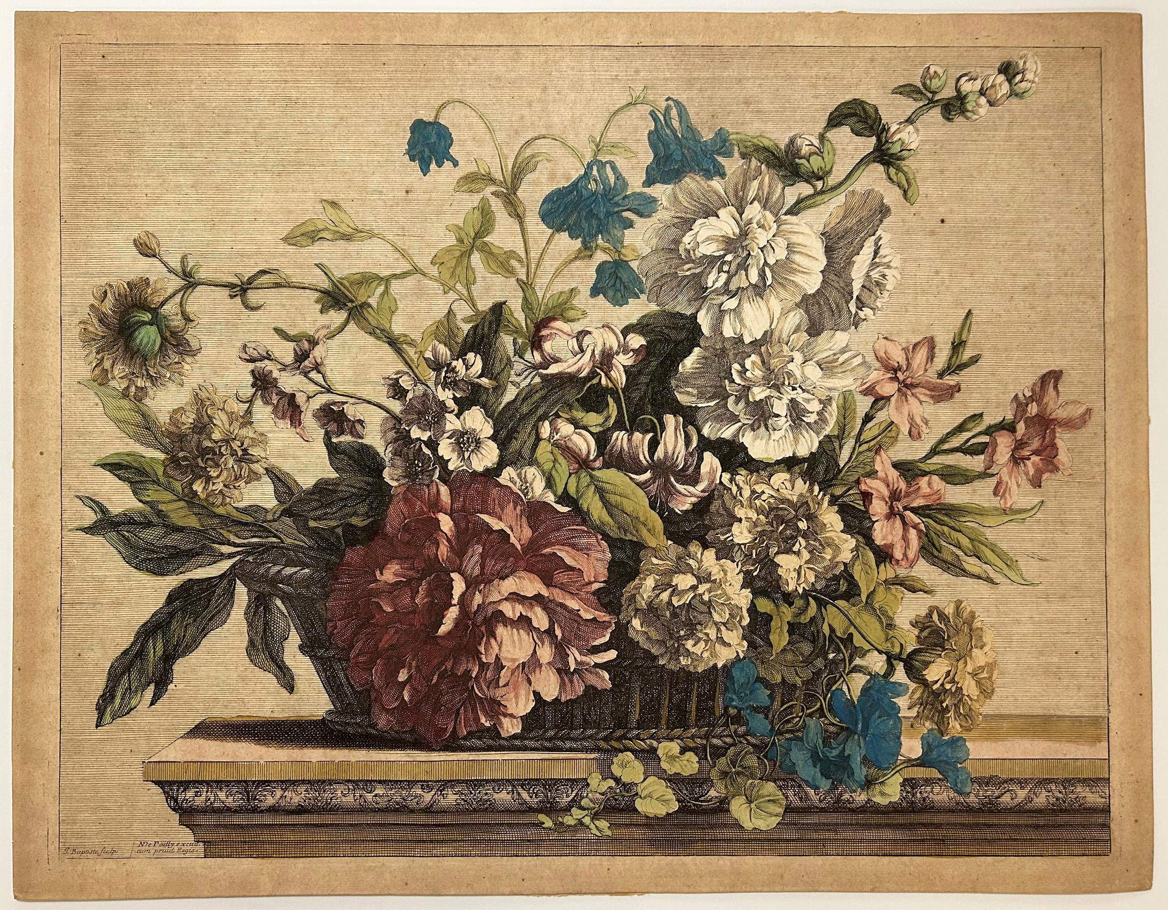 Corbeille de fleurs garnie de rose trémière, ancolie, pivoine, lis, œillets. - Print by Jean-Baptiste Monnoyer