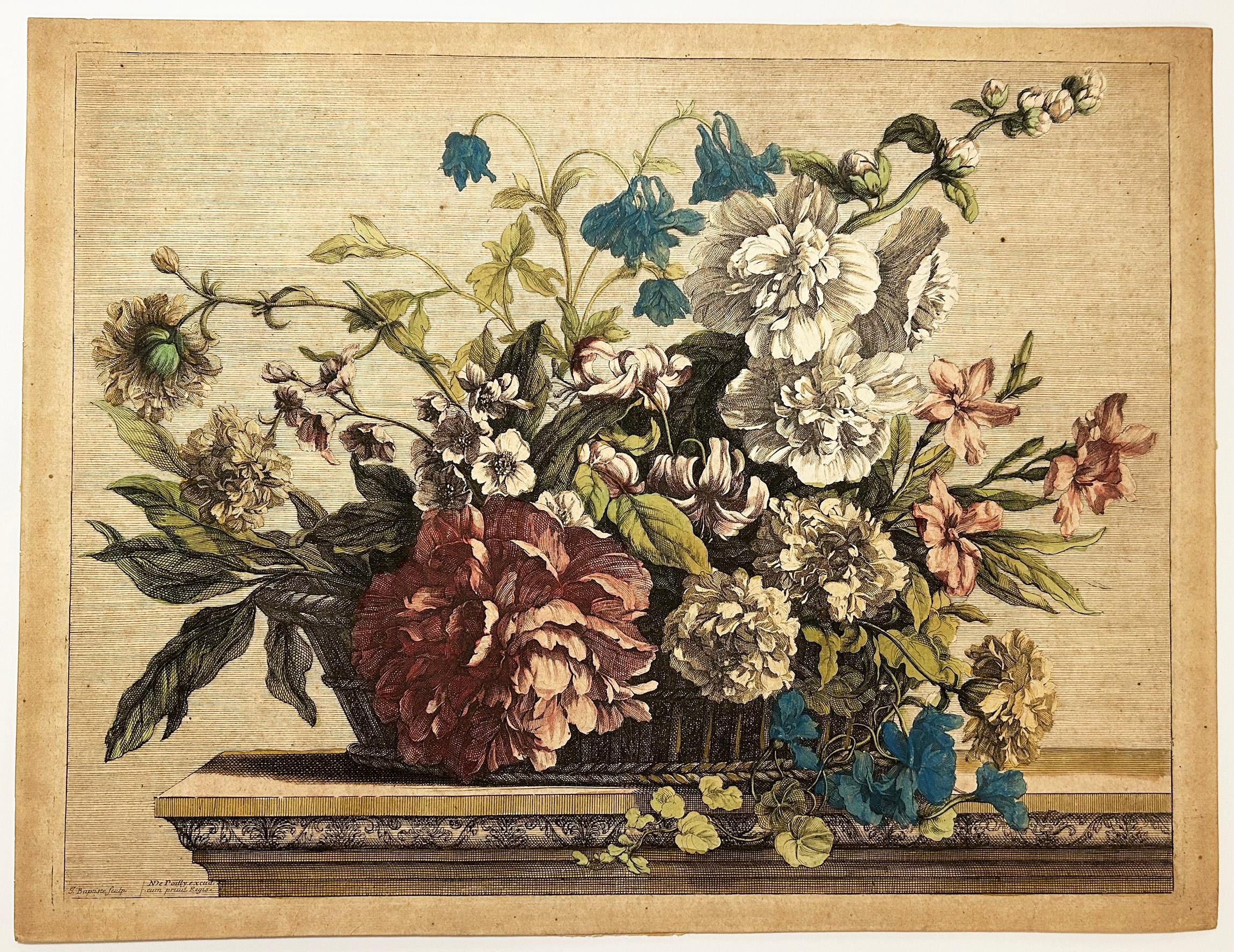 Jean-Baptiste Monnoyer Print - Corbeille de fleurs garnie de rose trémière, ancolie, pivoine, lis, œillets.