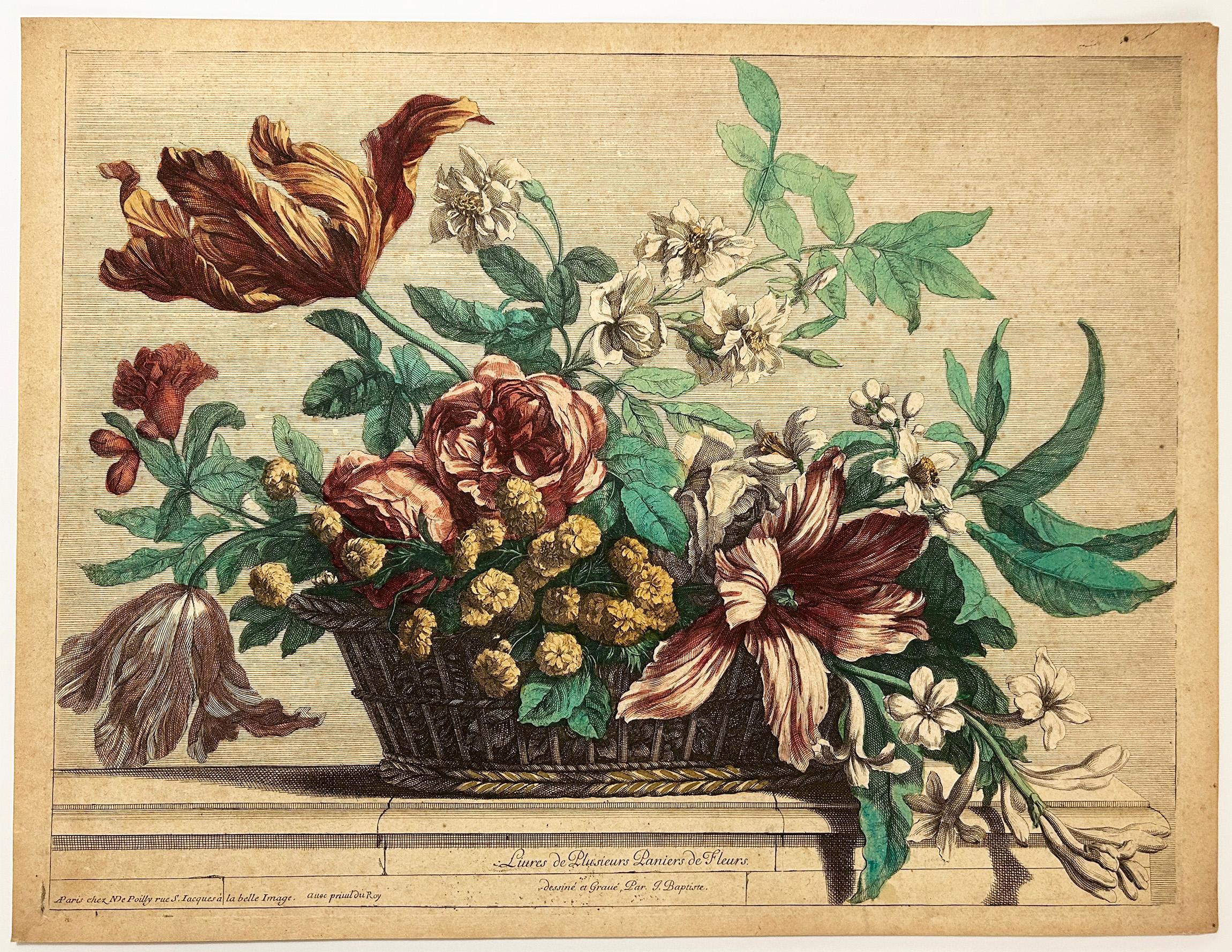 Corbeille de fleurs garnie de tulipes, tubéreuse, roses, grenades - Print by Jean-Baptiste Monnoyer