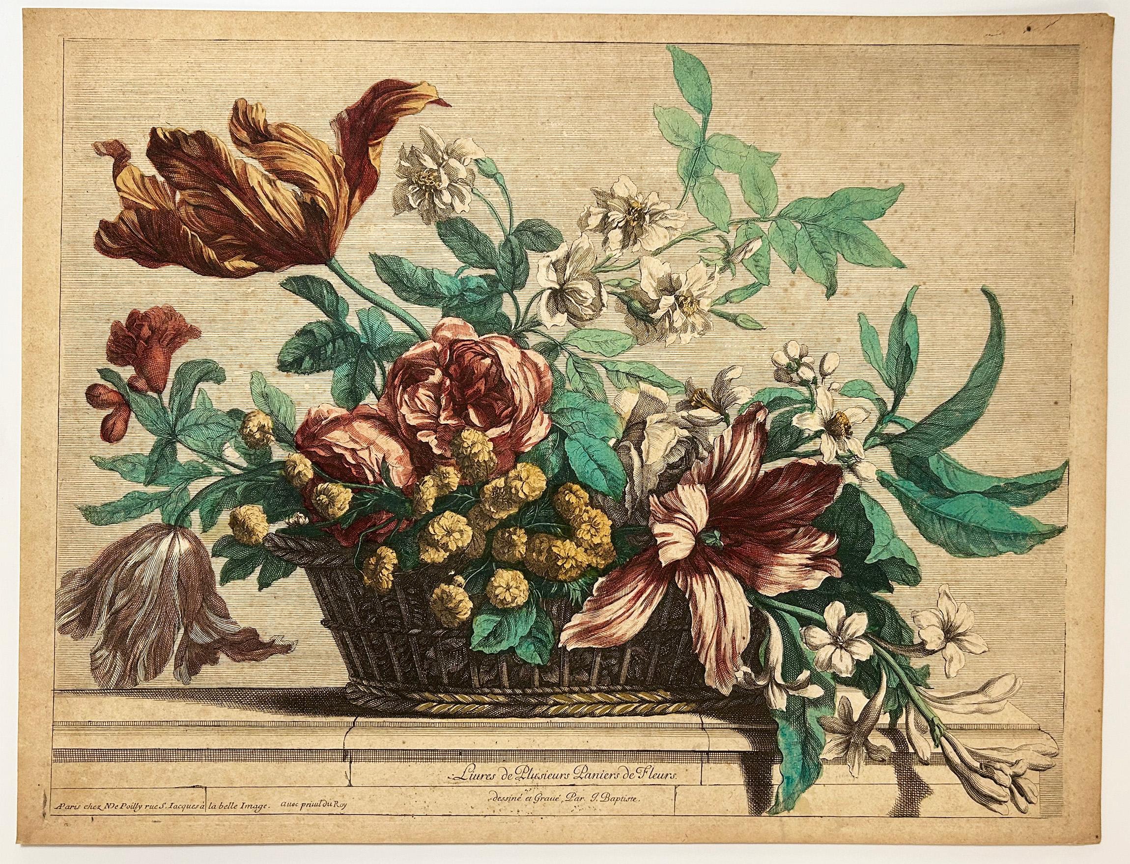 Jean-Baptiste Monnoyer Print - Corbeille de fleurs garnie de tulipes, tubéreuse, roses, grenades