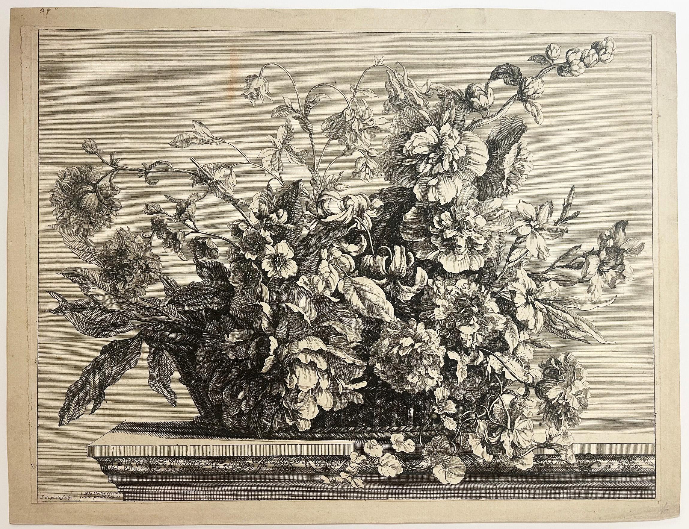 Jean-Baptiste Monnoyer Print - Grande corbeille de fleurs garnie de rose trémière, ancolie, pivoine, lis.