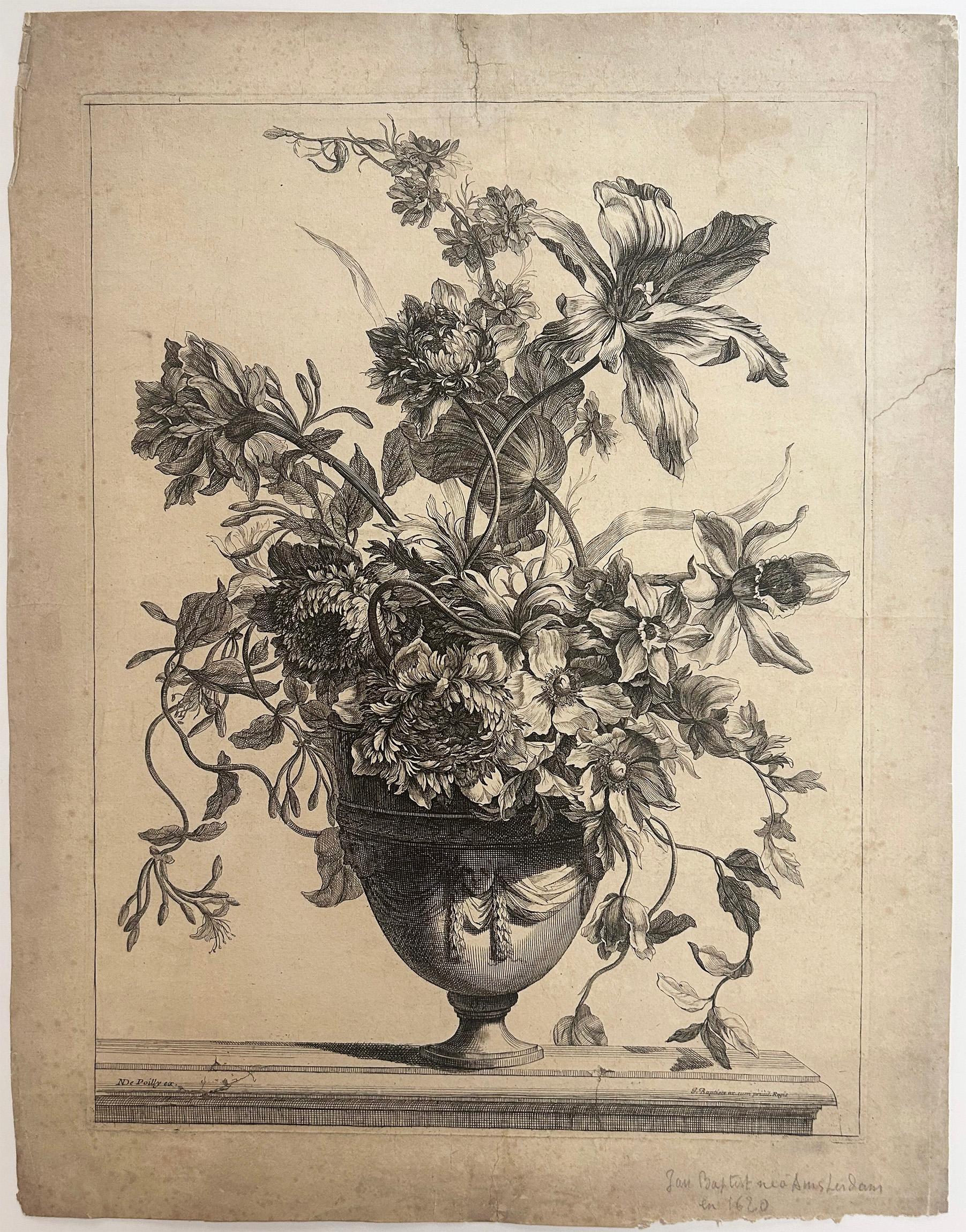 Vase orné de trois mascarons drapés; garni de tulipes, anémones et pavots. - Print by Jean-Baptiste Monnoyer
