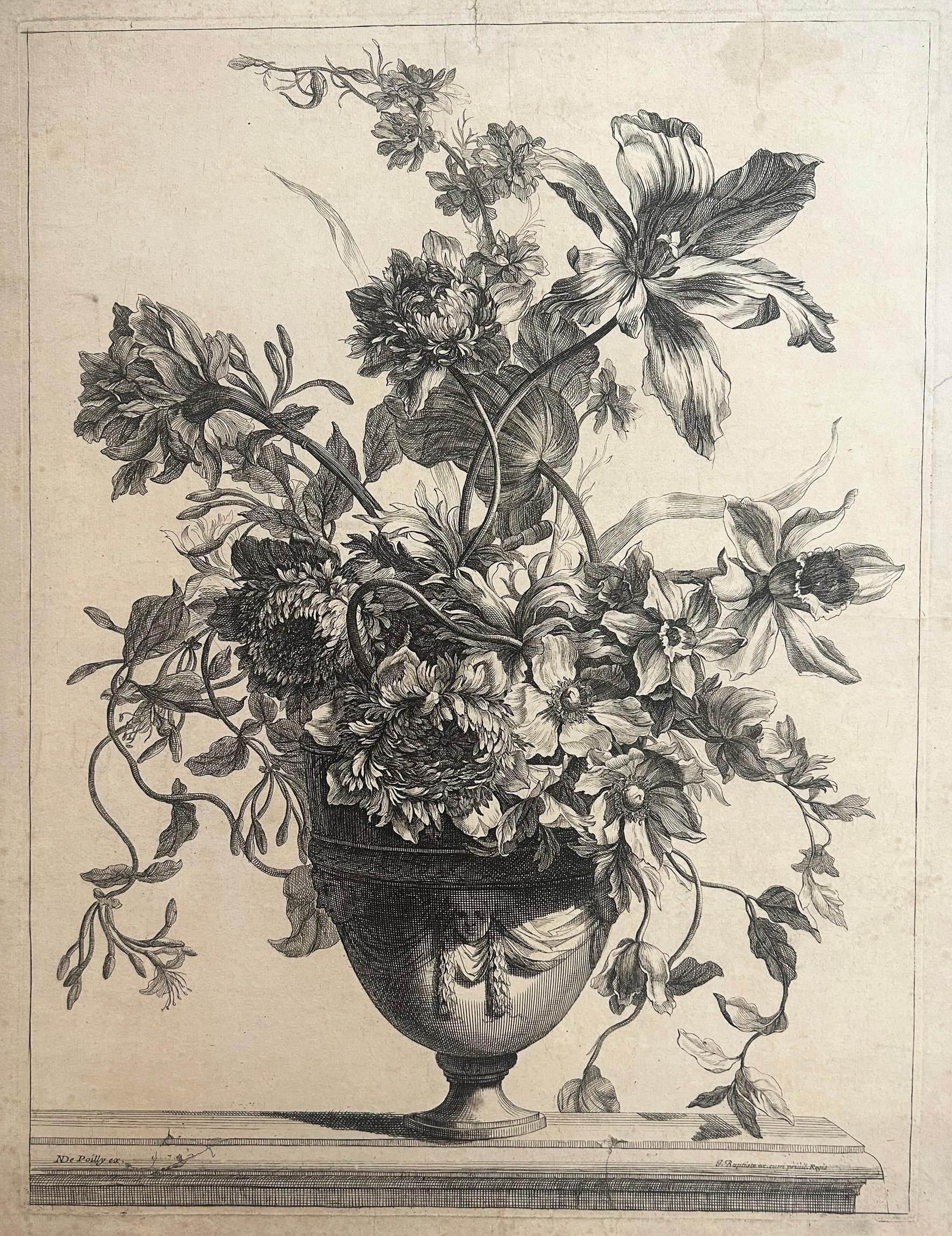 MONNOYER Jean-Baptiste
Lille 1636 † Londres 1699
Vase orné de trois mascarons drapés; garni de tulipes, anémones et pavots.
Gravure originale à l'eau-forte et au burin.
Quelques déchirures marginales consolidées dont une atteignant un peu le sujet