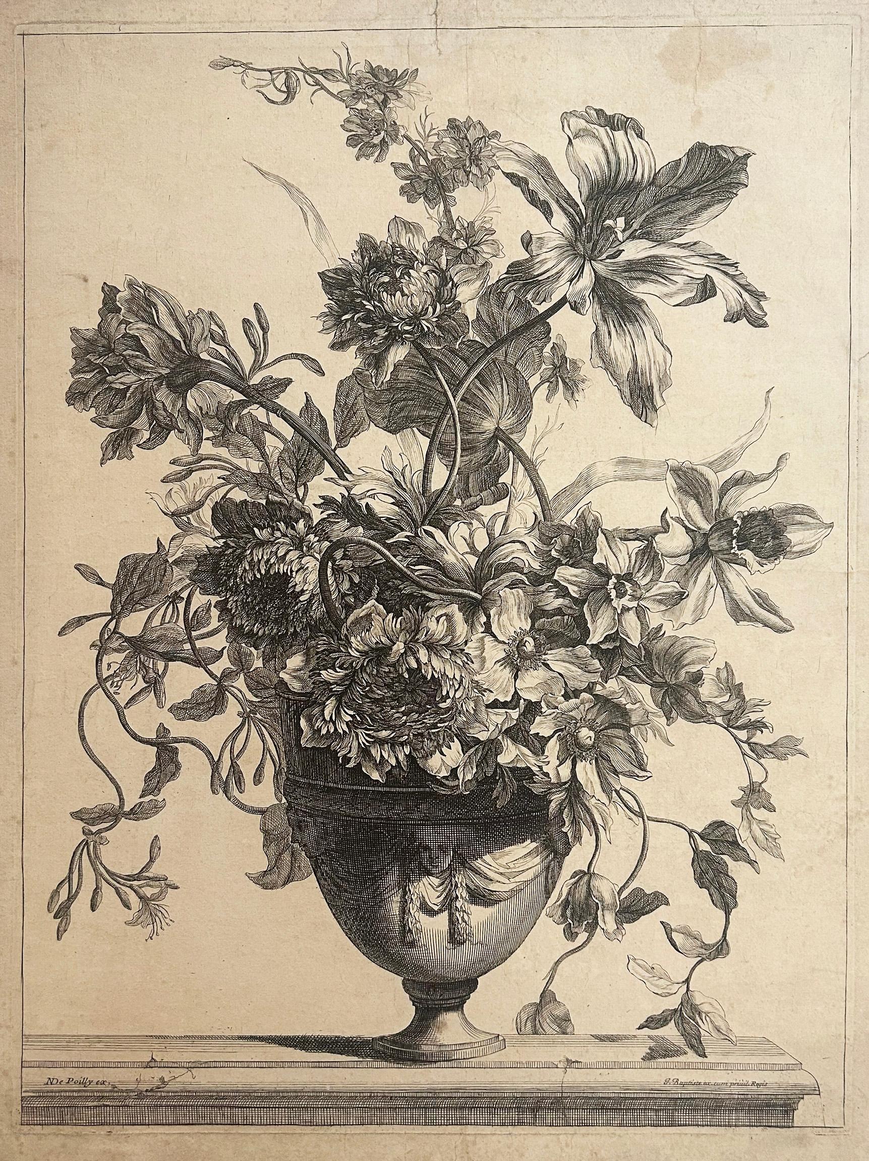 Jean-Baptiste Monnoyer Print - Vase orné de trois mascarons drapés; garni de tulipes, anémones et pavots.