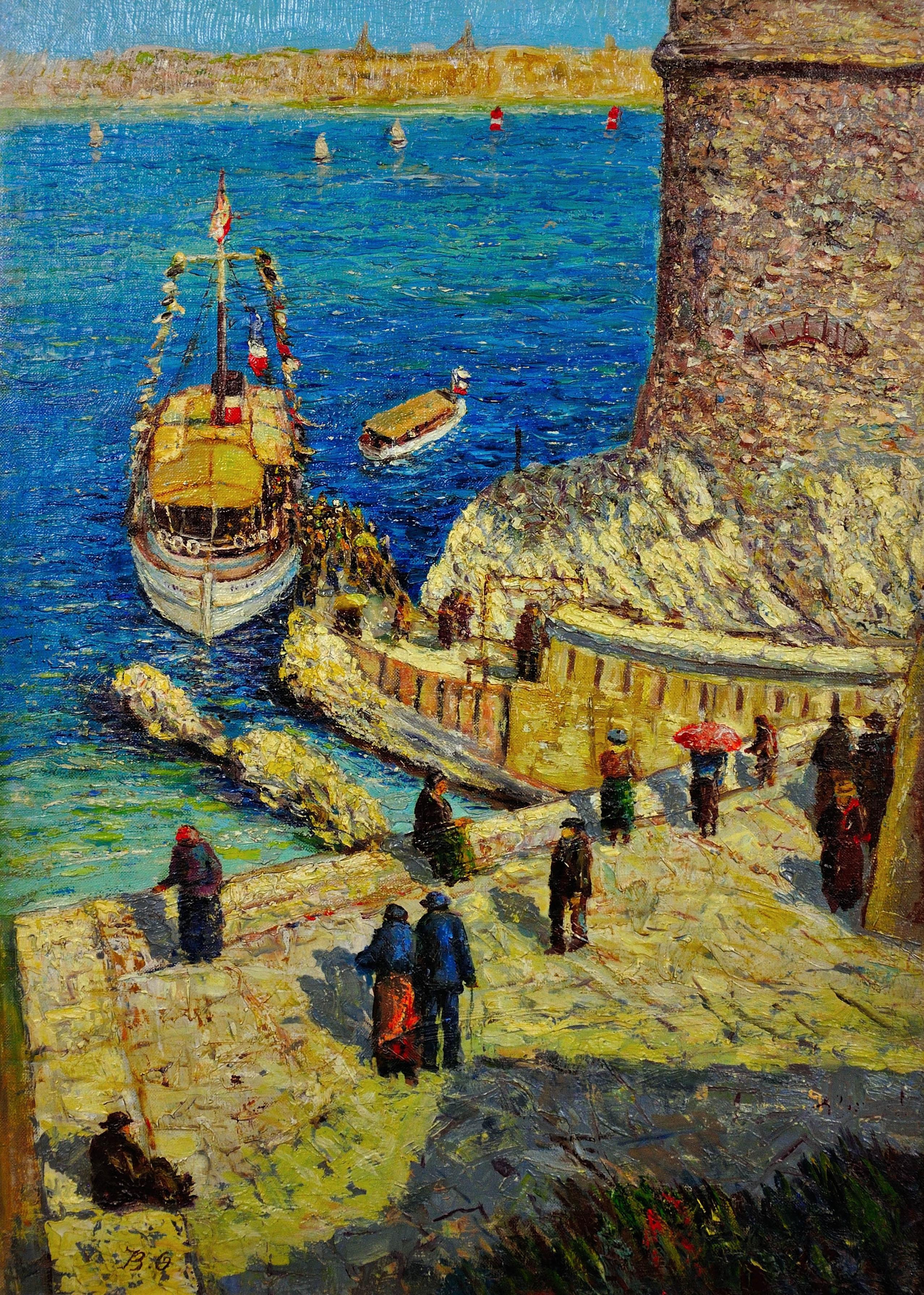 Le Château d'If Frioul Archipelago Framed Marseille France Coastal Oil Painting (Braun), Landscape Painting, von Jean Baptiste Olive