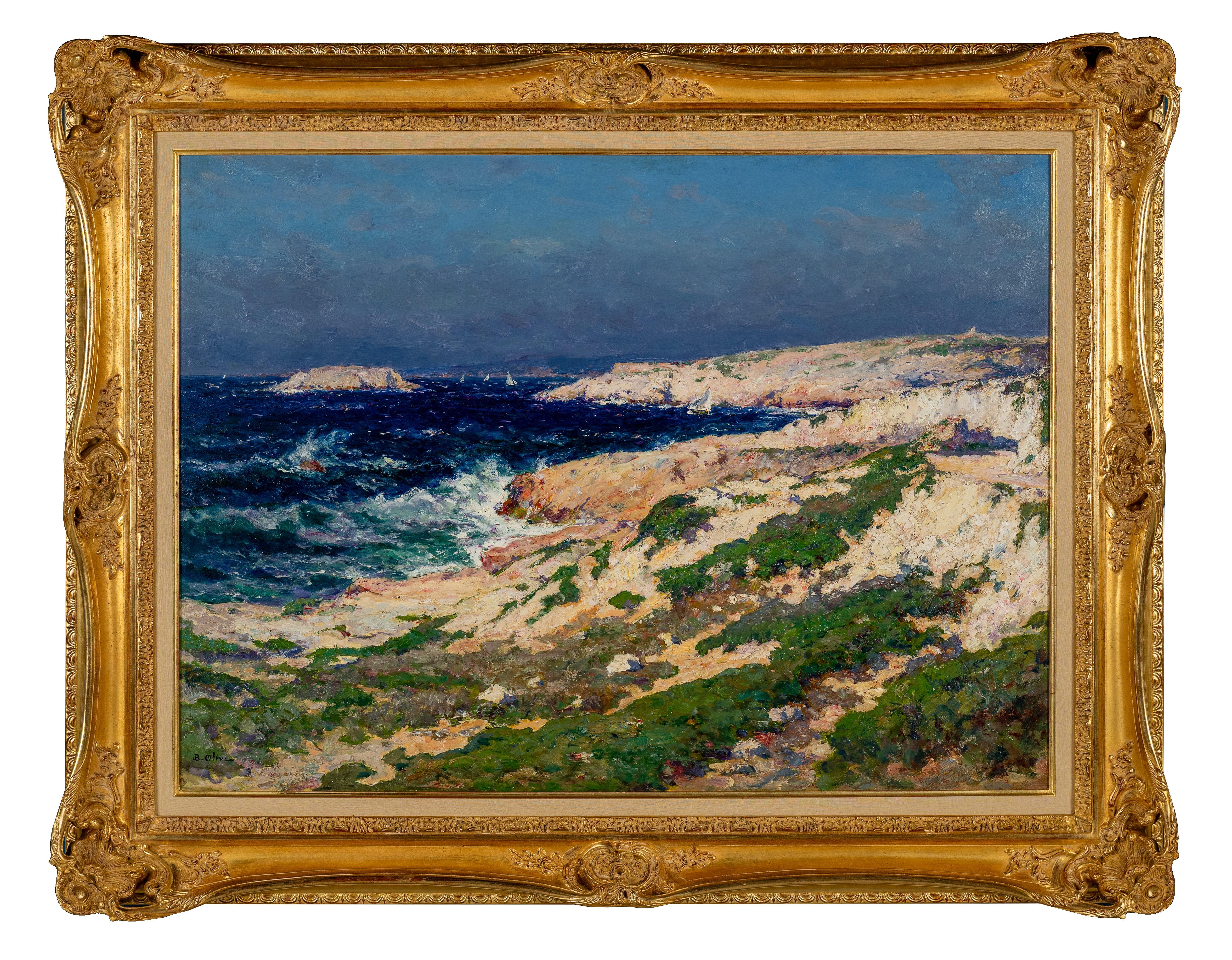 'Paysage Marin' Pintura Impresionista Francesa de Morbihan, costa, barcos, mar - Painting de Jean Baptiste Olive