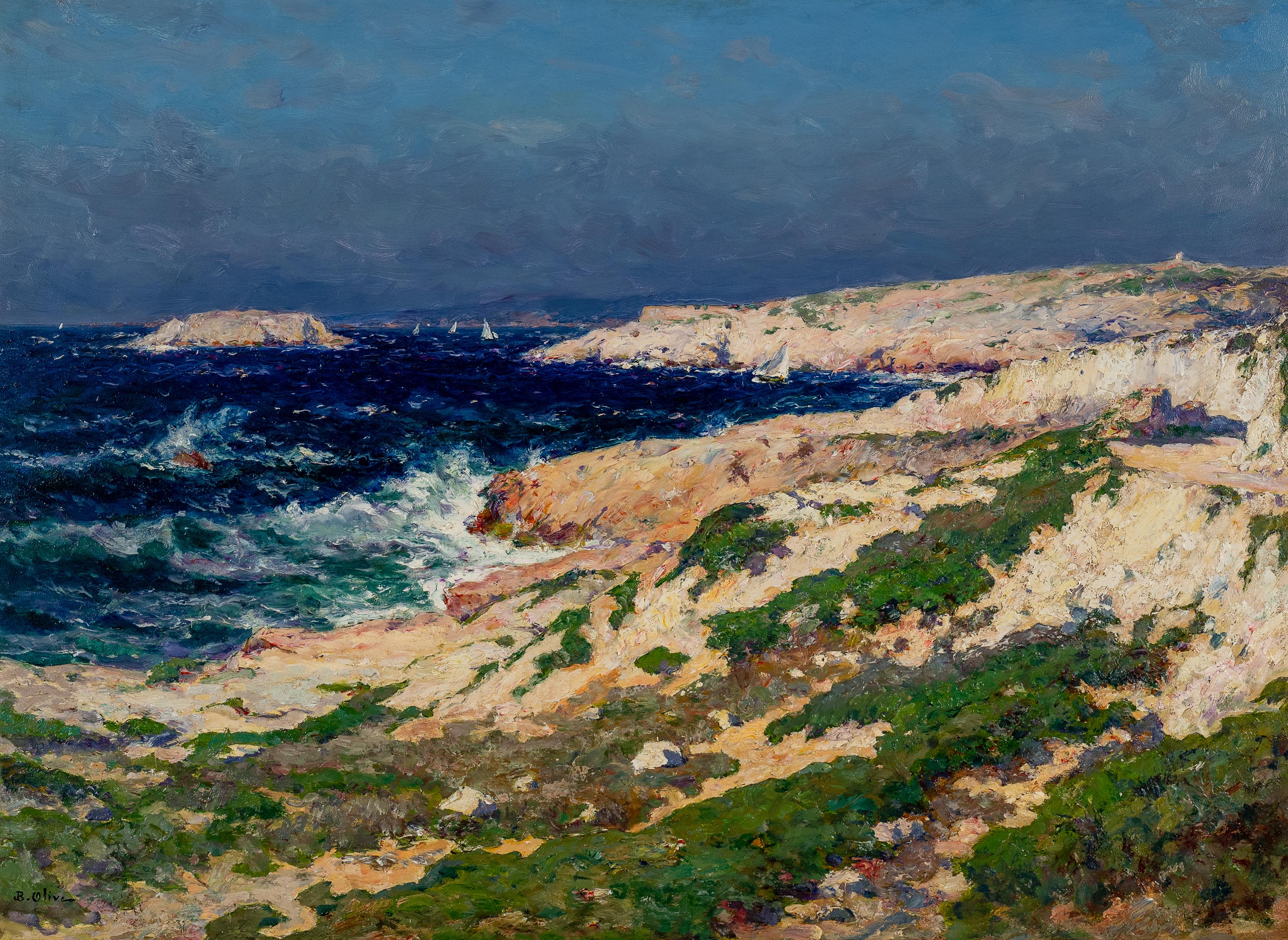 Landscape Painting de Jean Baptiste Olive - 'Paysage Marin' Pintura Impresionista Francesa de Morbihan, costa, barcos, mar