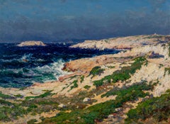 Paysage Marin" Quadro impressionista francese di Morbihan, costa, barche, mare