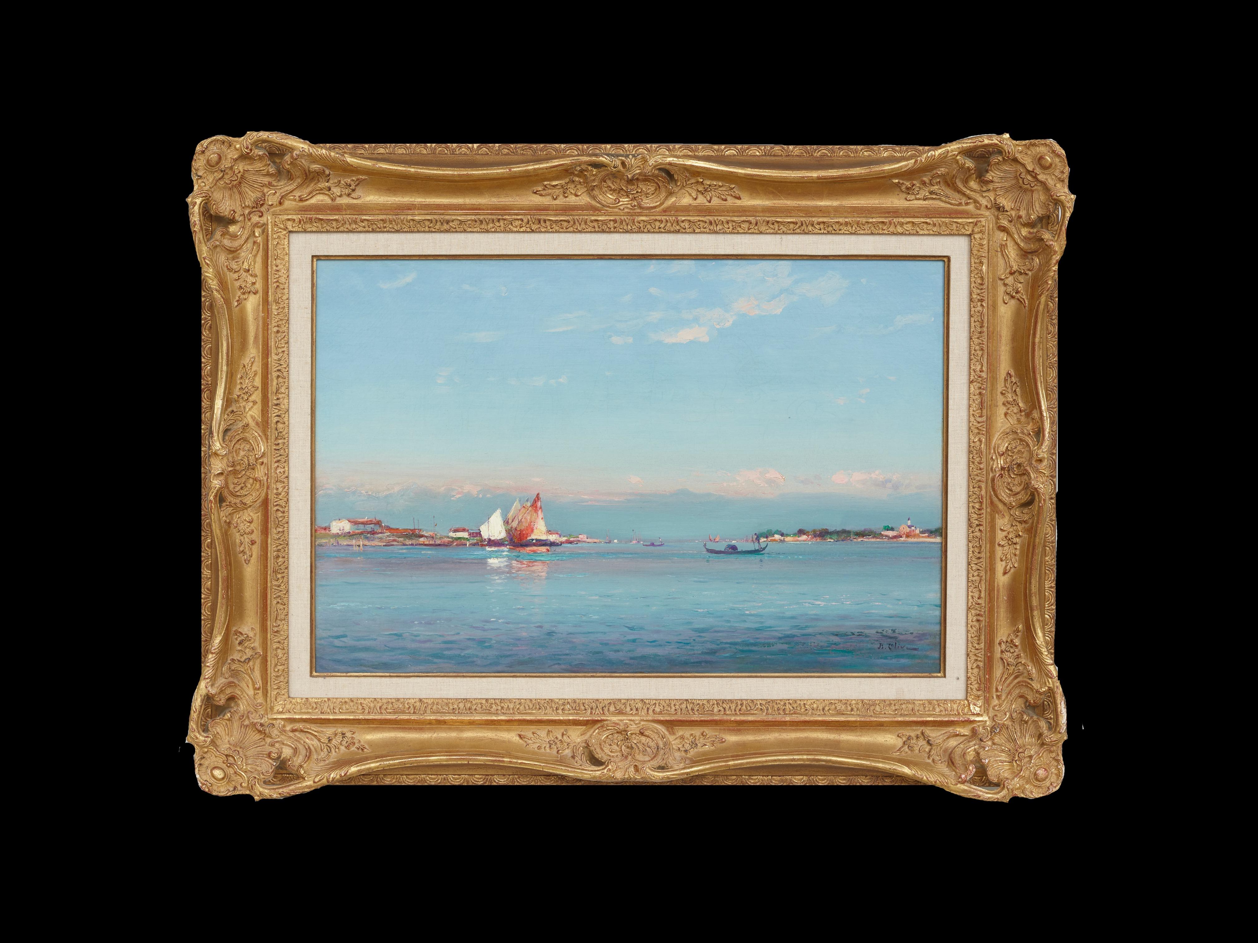 Voiliers dans la Lagune Hafen Impressionistisches Gemälde der Lagune von Venedig, Segel – Painting von Jean-Baptiste Olive