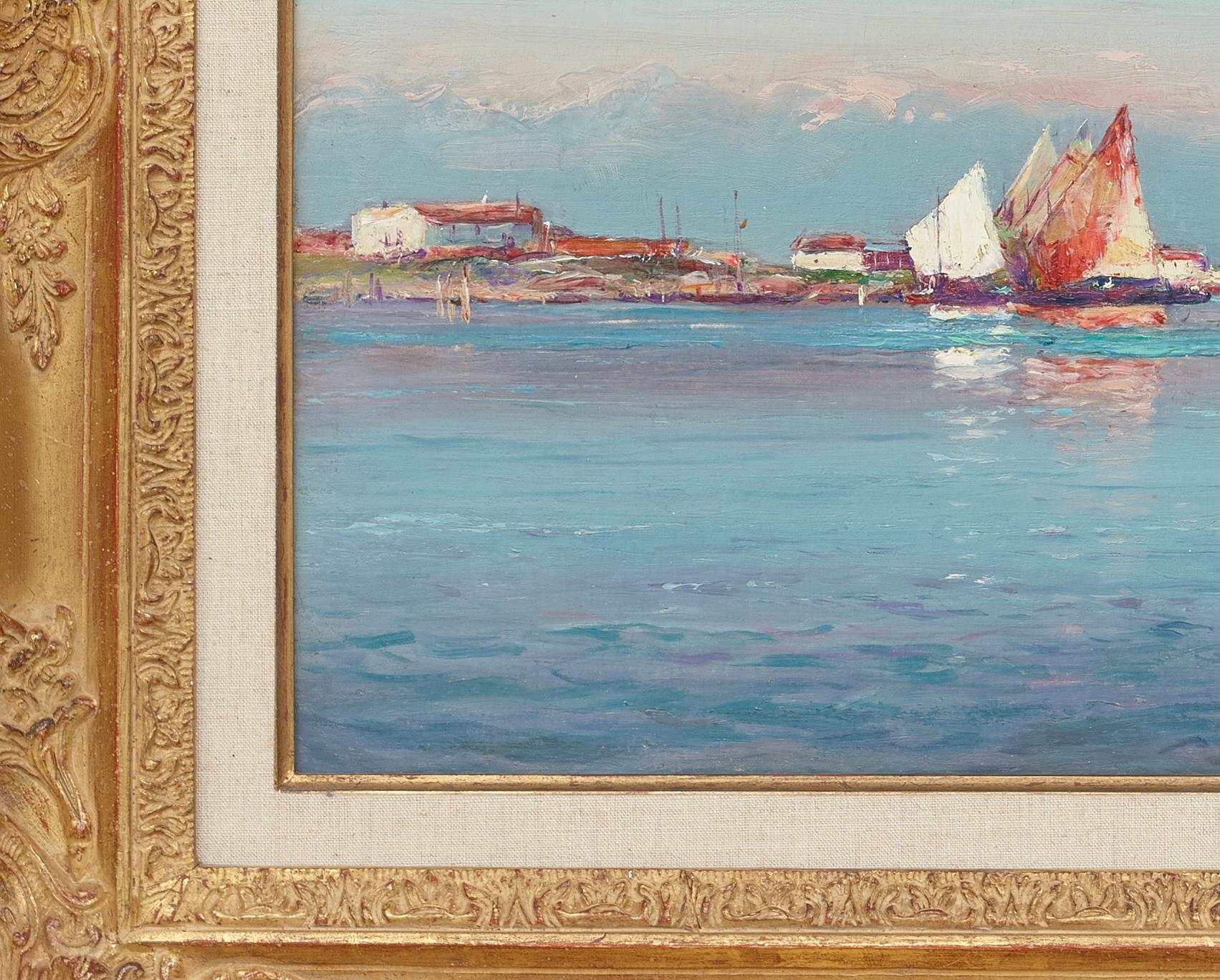 Voiliers dans la Lagune Hafen Impressionistisches Gemälde der Lagune von Venedig, Segel (Blau), Landscape Painting, von Jean-Baptiste Olive
