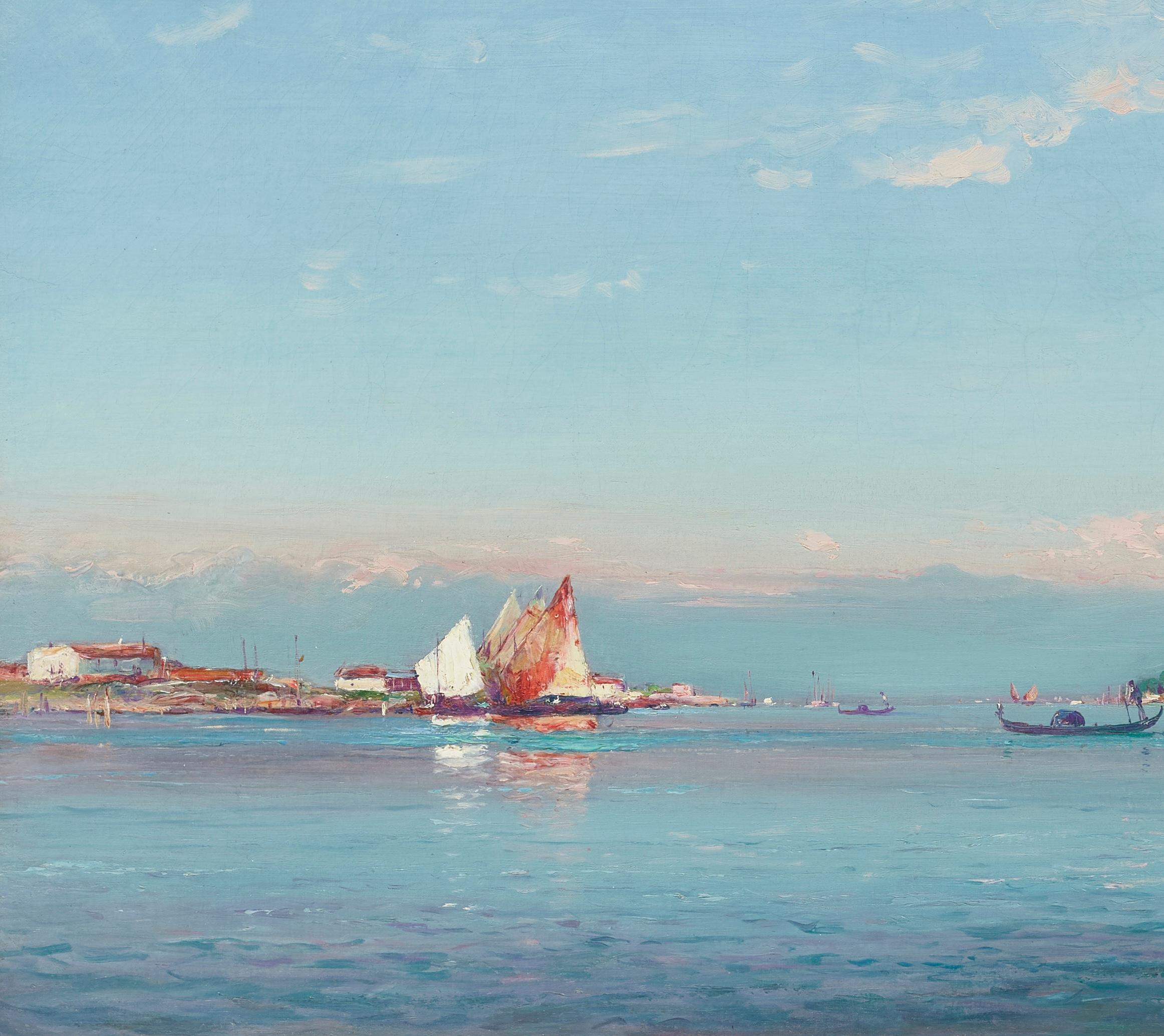 Voiliers dans la Lagune Hafen Impressionistisches Gemälde der Lagune von Venedig, Segel im Angebot 1