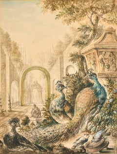 Fine 18th Century French Watercolor Peacocks in Classical Ruins Landscape