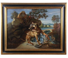 18th-C. Antique French Animal Oil Painting after Oudry, Wolf in a Trap, Framed