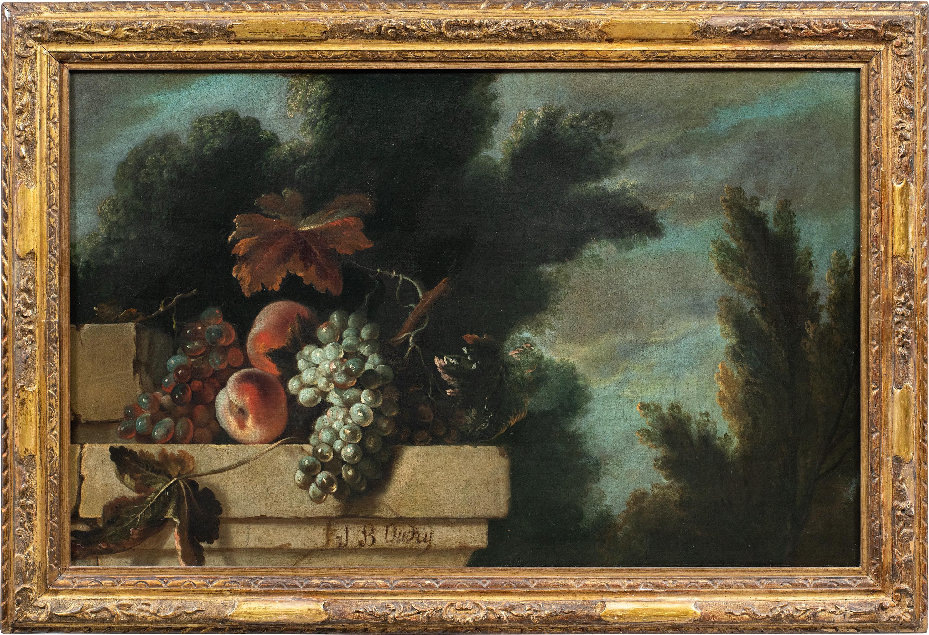 Jean-Baptiste Oudry (Paris 1686 - Beauvais 1755) Kreis der - Architektur mit Früchtestillleben.

59 x 97 cm ungerahmt, 74 x 107,5 cm mit Rahmen.

Altes Ölgemälde auf Leinwand, in einem geschnitzten und vergoldeten Holzrahmen.

- Signiert in der