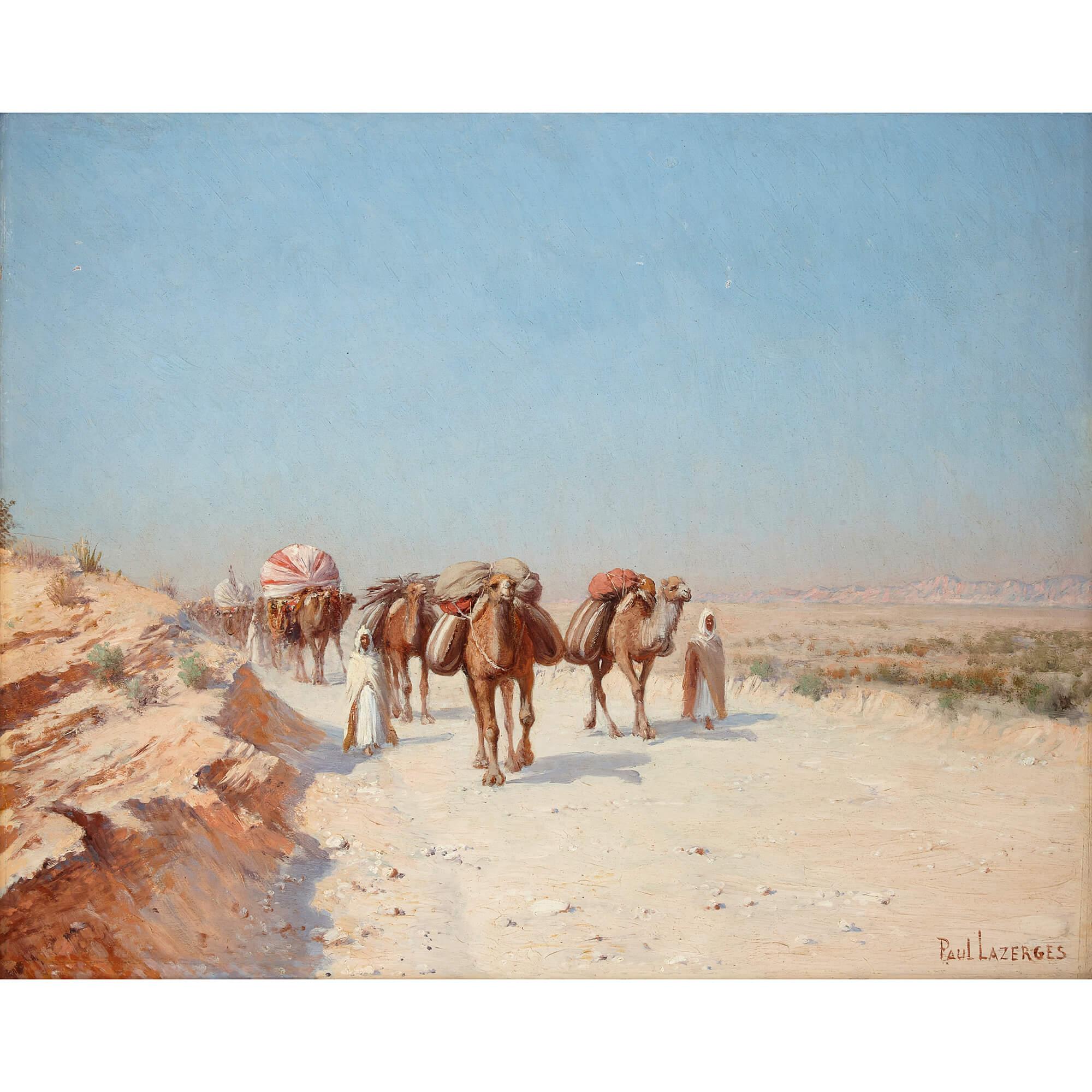 Orientalist landscape with camels oil painting by Lazerges
French, Late 19th Century
Panel:  Height 33cm, width 41cm
Frame:  Height 62cm, width 70cm, depth 10cm 

This painting, titled ‘Desert Caravan’, is an oil-on-panel creation by the illustrious