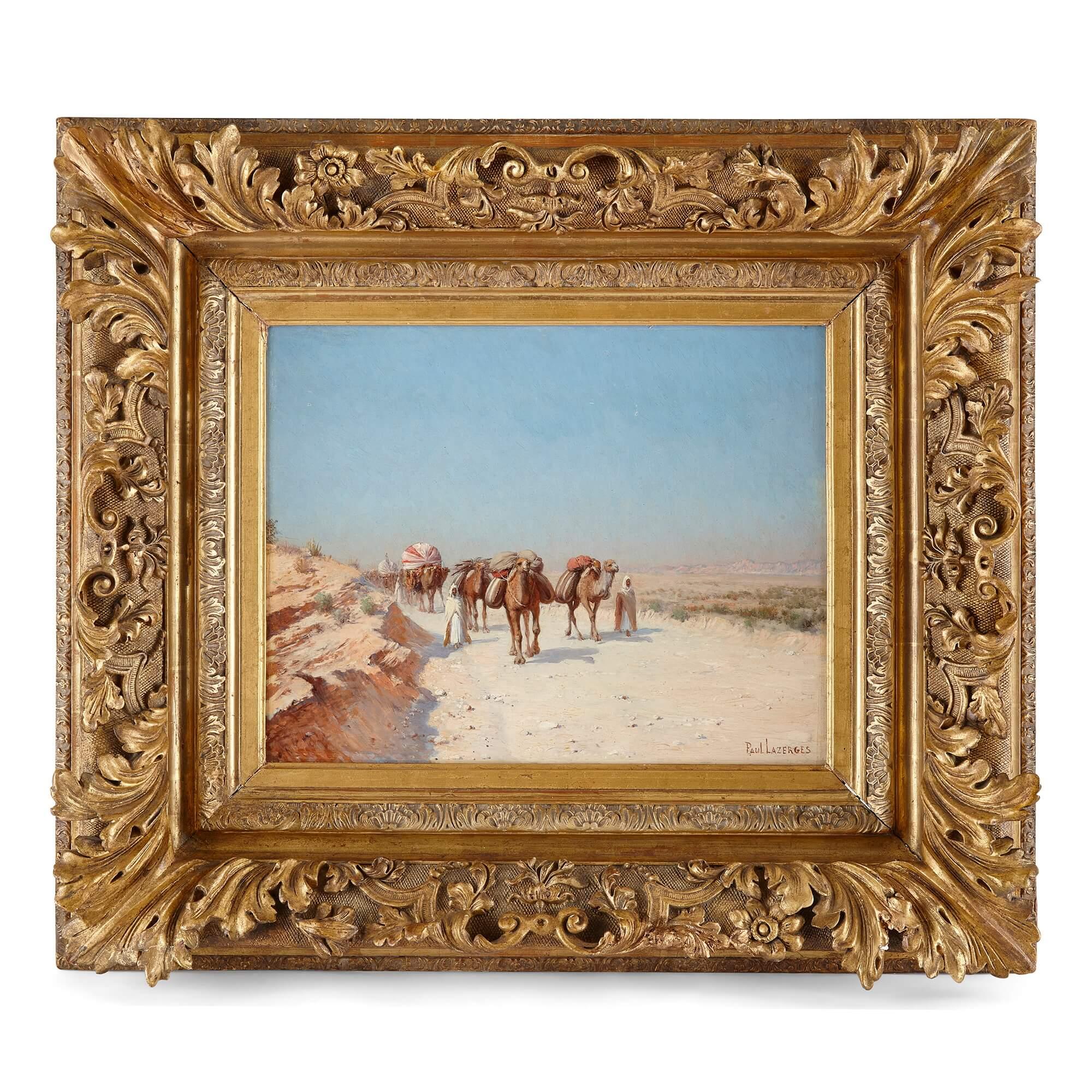 Jean-Baptiste Paul Lazerges  Landscape Painting - Orientalist Landscape with Camels Oil Painting by Lazerges