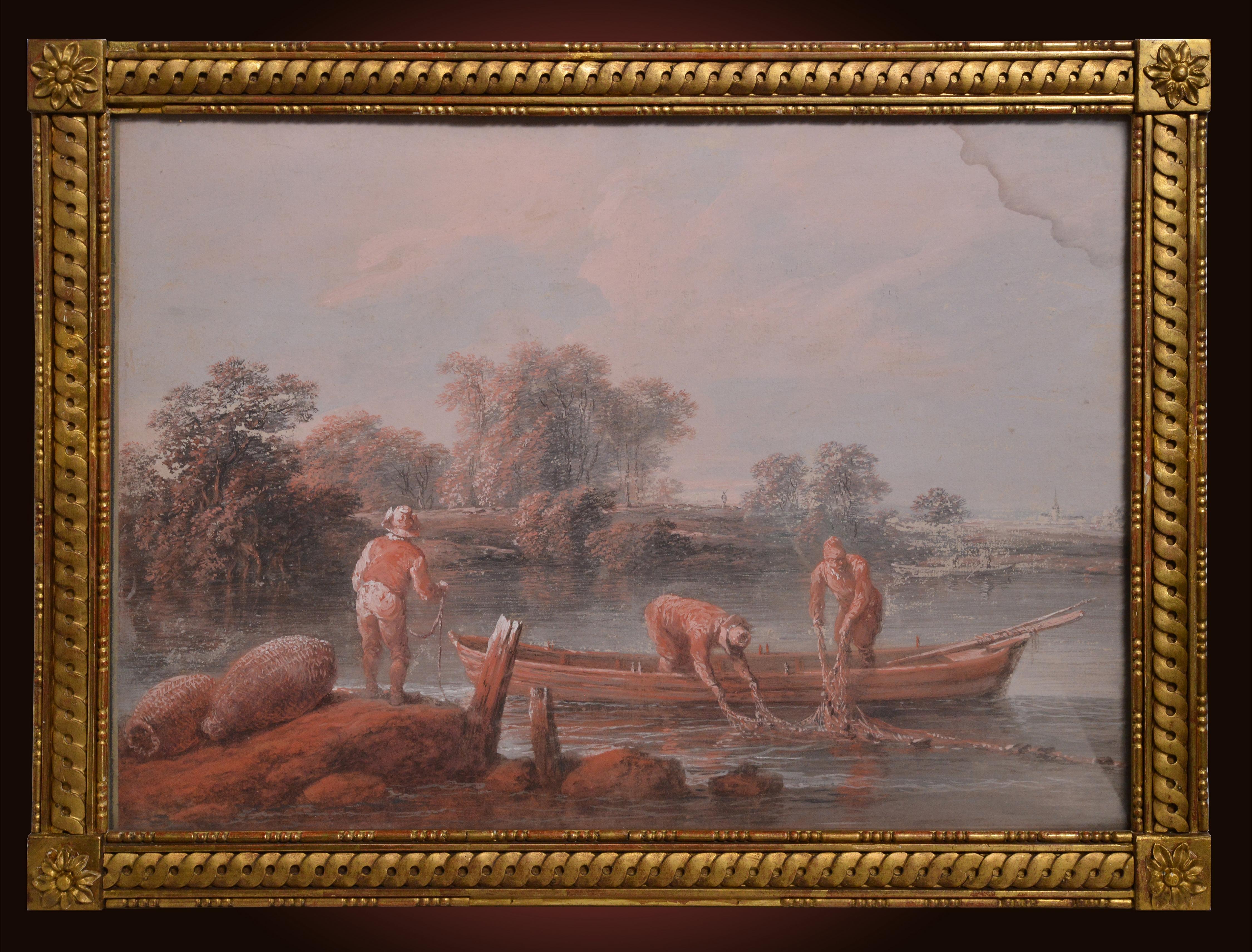 Paire de tableaux en grisaille Scènes rustiques 18e siècle Maître français du rococo - Painting de Jean-Baptiste Pillement