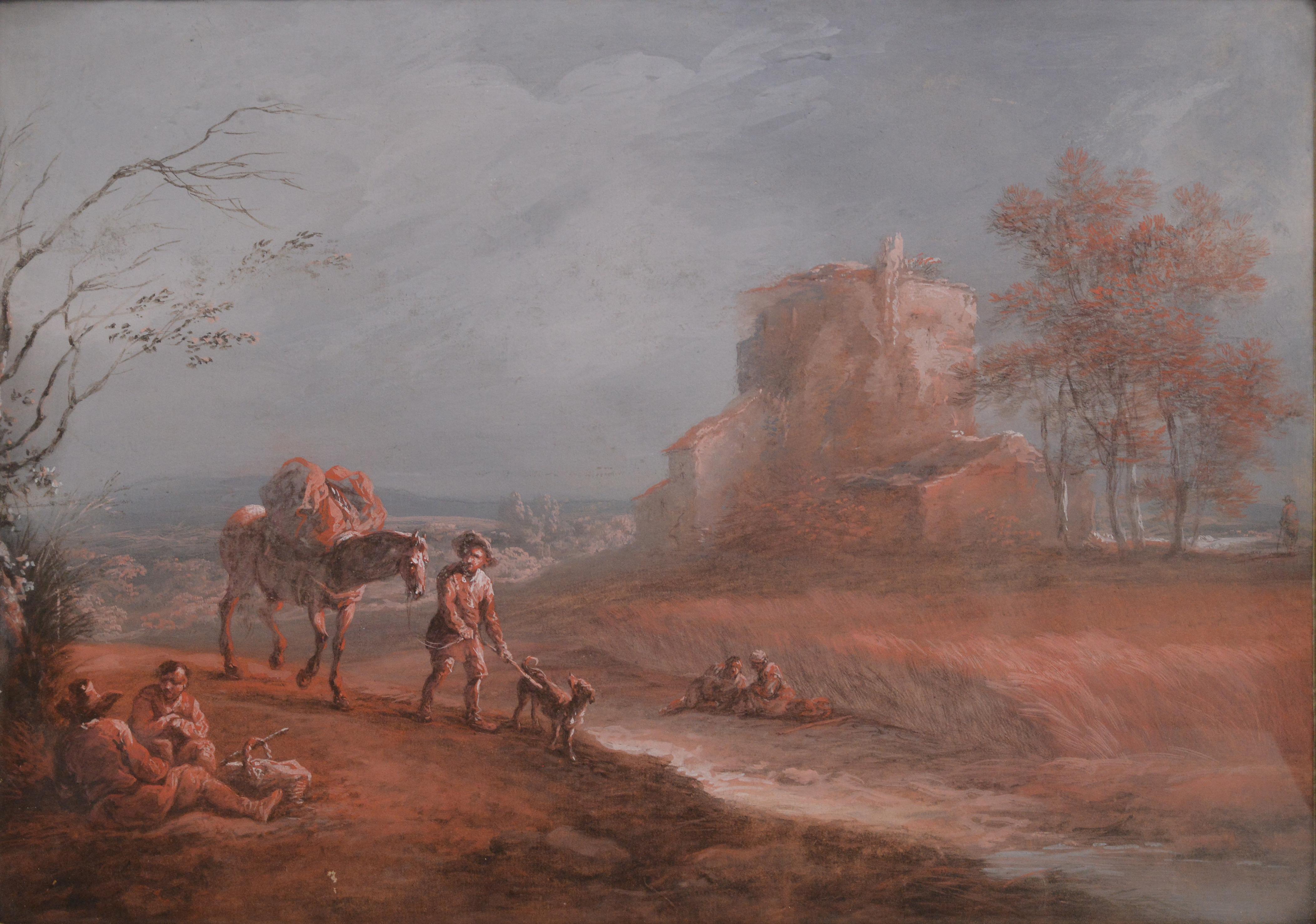 Pair of Grisaille paintings Rustic scenes 18th century French Rococo Master - Brown Landscape Painting by Jean-Baptiste Pillement
