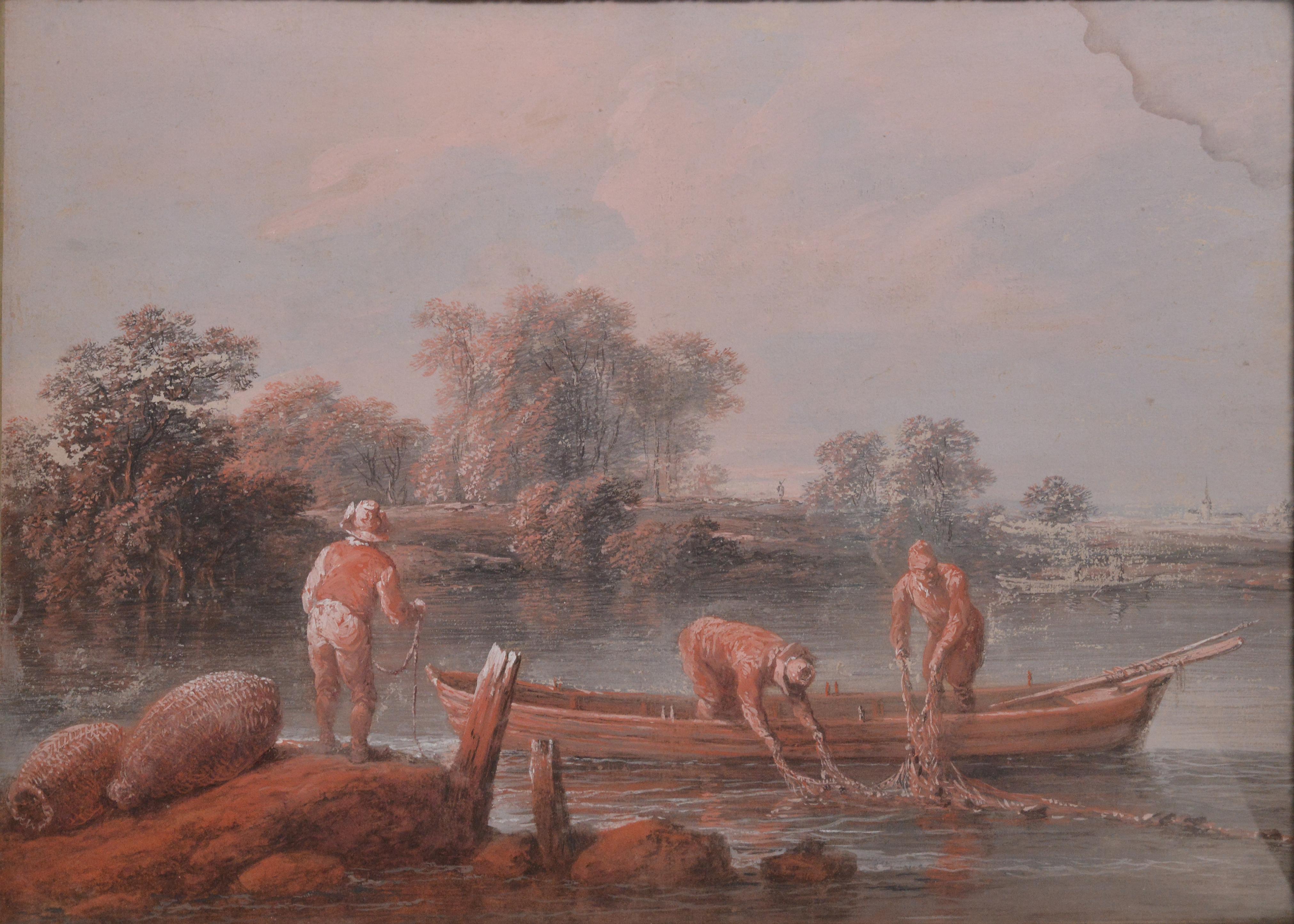 Paire de tableaux en grisaille Scènes rustiques 18e siècle Maître français du rococo - Marron Landscape Painting par Jean-Baptiste Pillement