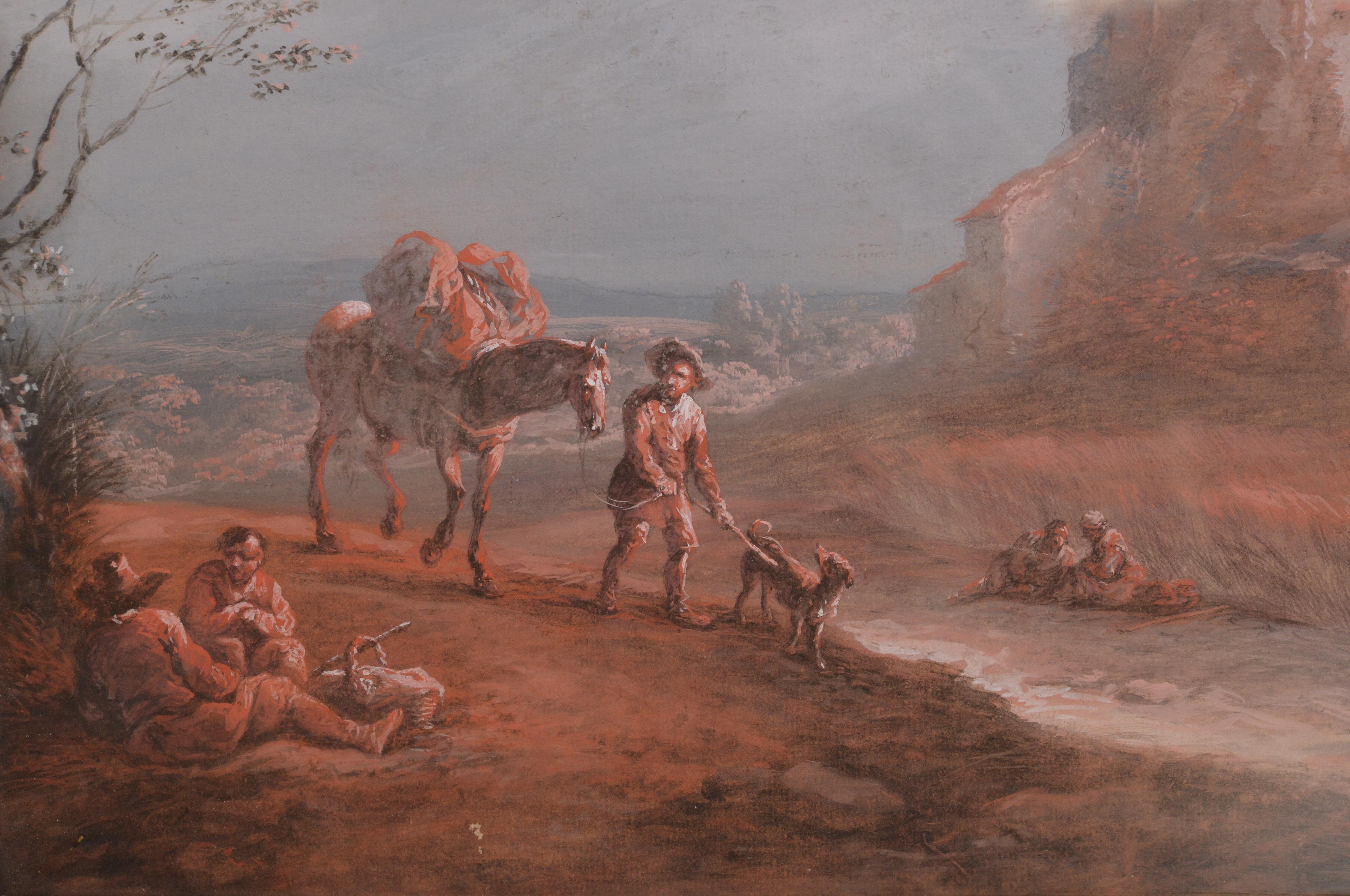 Attribué au maître français Jean-Baptiste Pillement (1728 - 1808). Magnifique paire de tableaux rococo représentant des scènes de la vie européenne du 18e siècle. Deux scènes nous racontent la vie des voyageurs et des pêcheurs de l'époque. Deux