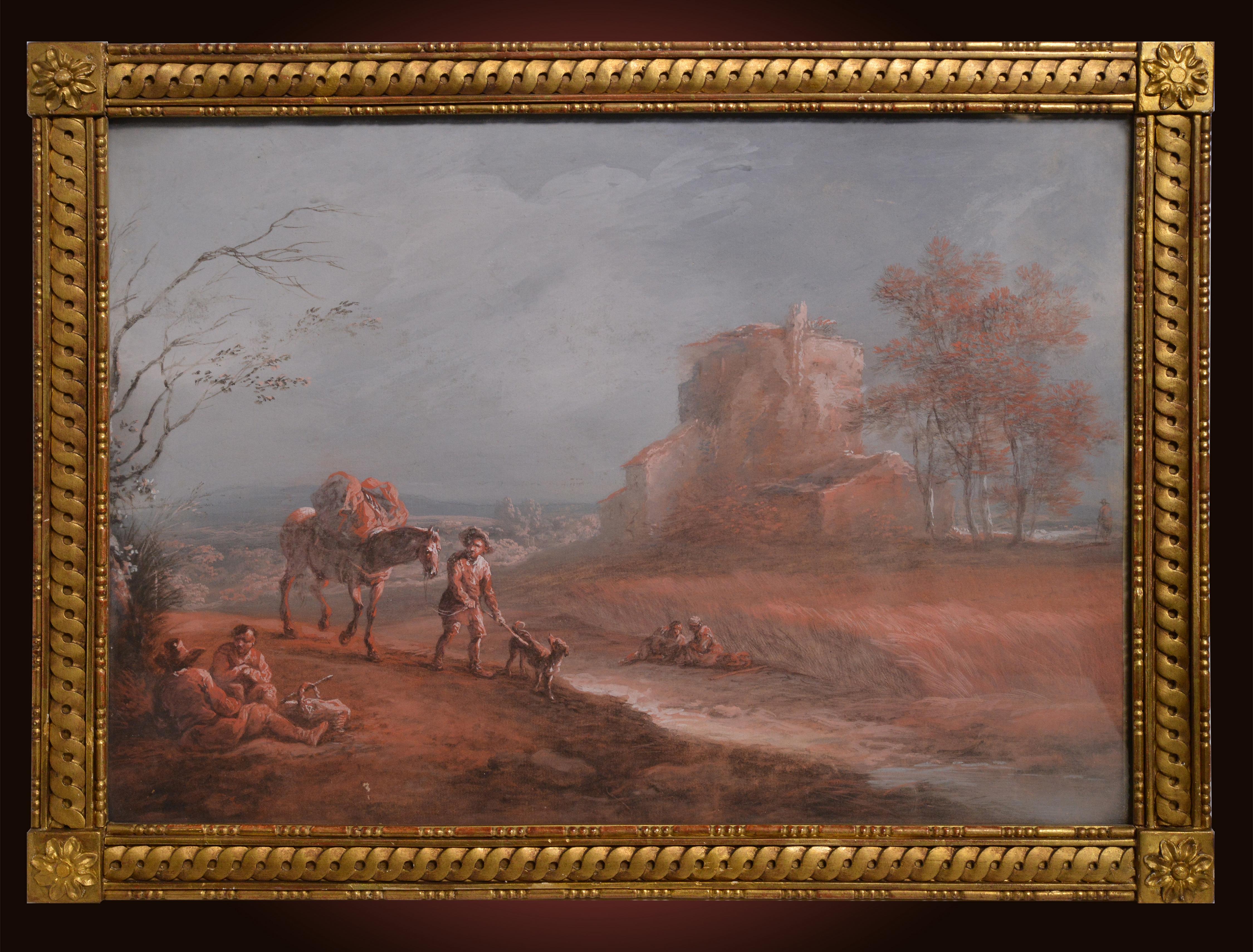 Landscape Painting Jean-Baptiste Pillement - Paire de tableaux en grisaille Scènes rustiques 18e siècle Maître français du rococo