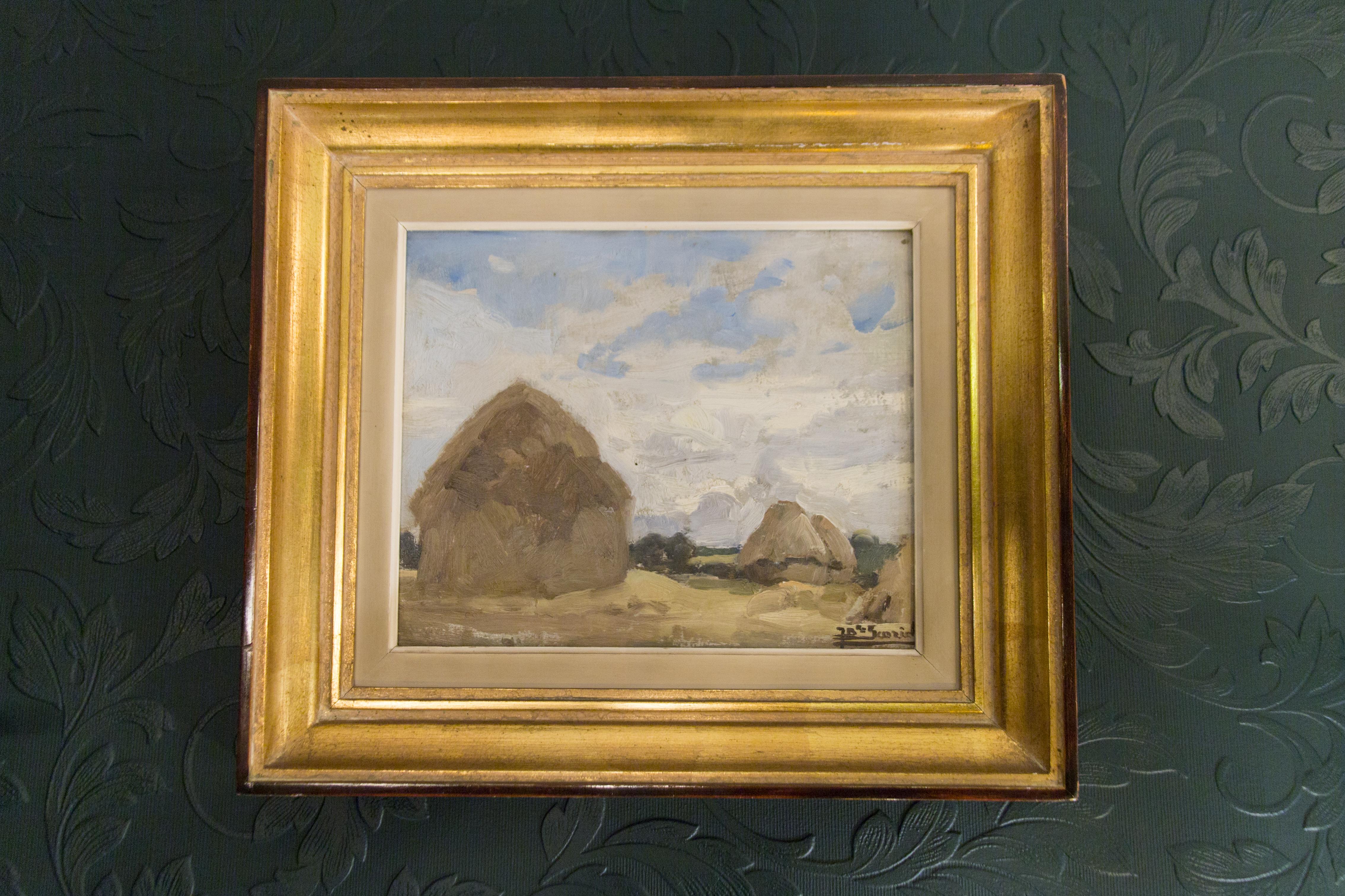 Schönes Gemälde einer Heuwiesenszene von Jean-Baptiste Scoriel. 
Heuwiesenszene, 1930, Öl auf Karton, 33 cm x 38 cm, signiert und datiert (rechts unten). 
Jean-Baptiste Scoriel, Belgien (Lambusart, 1883 - Tamines, 1956) Maler, Landschaftsarchitekt,