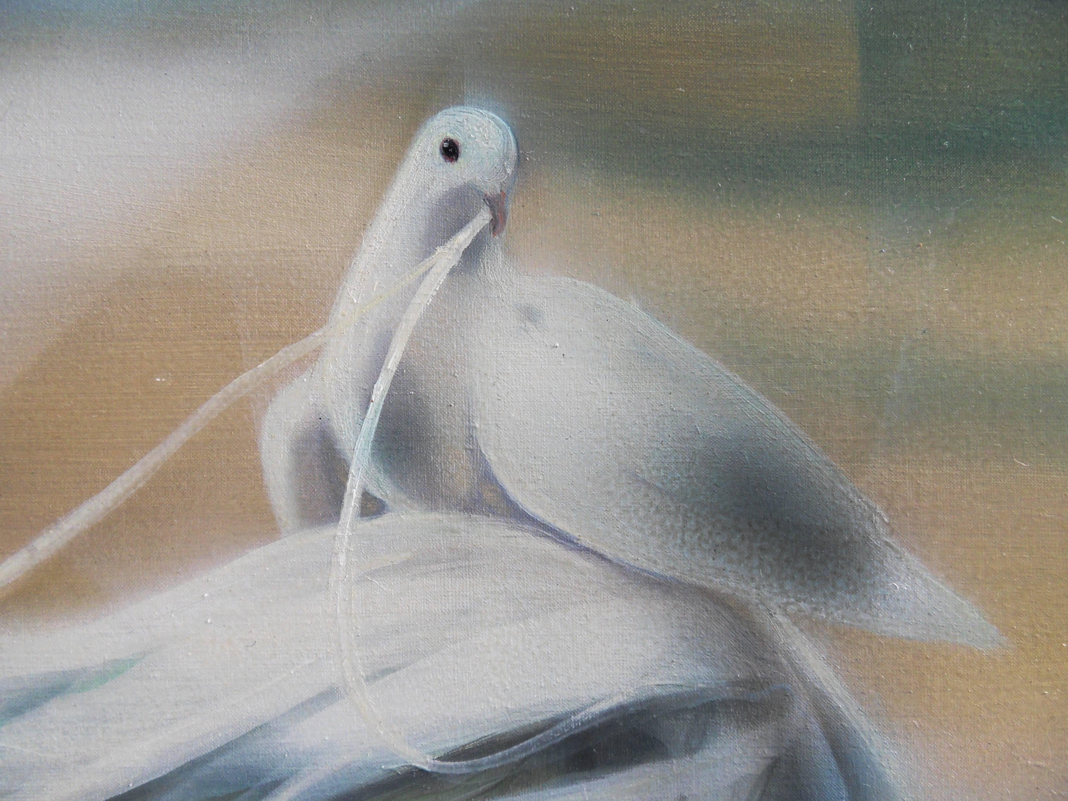 Alizee : Woman with Dove - Handsigned oil on canvas - Gray Figurative Painting by Jean-Baptiste Valadie