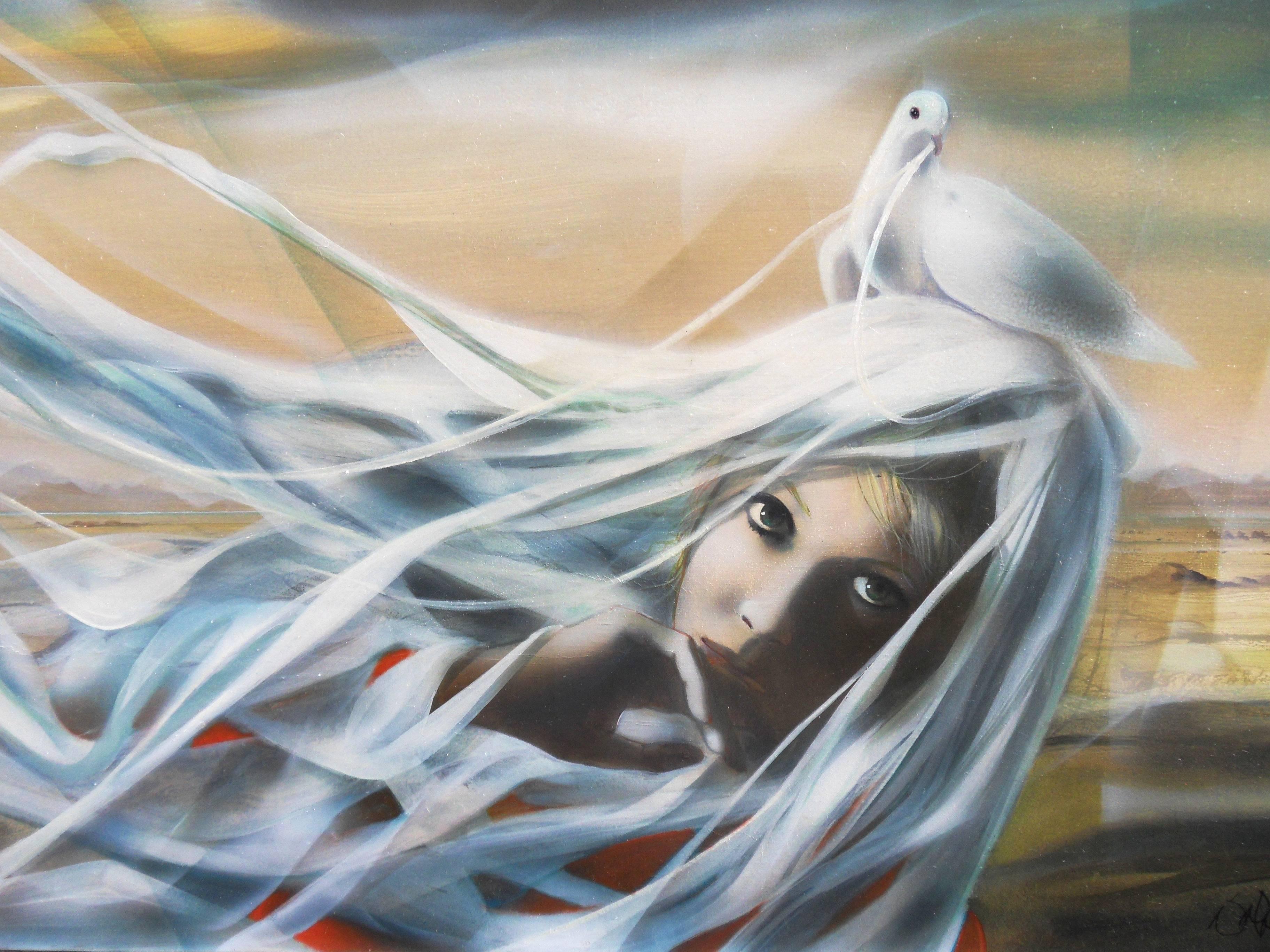 Jean-Baptiste Valadie Figurative Painting - Alizee : Woman with Dove - Handsigned oil on canvas